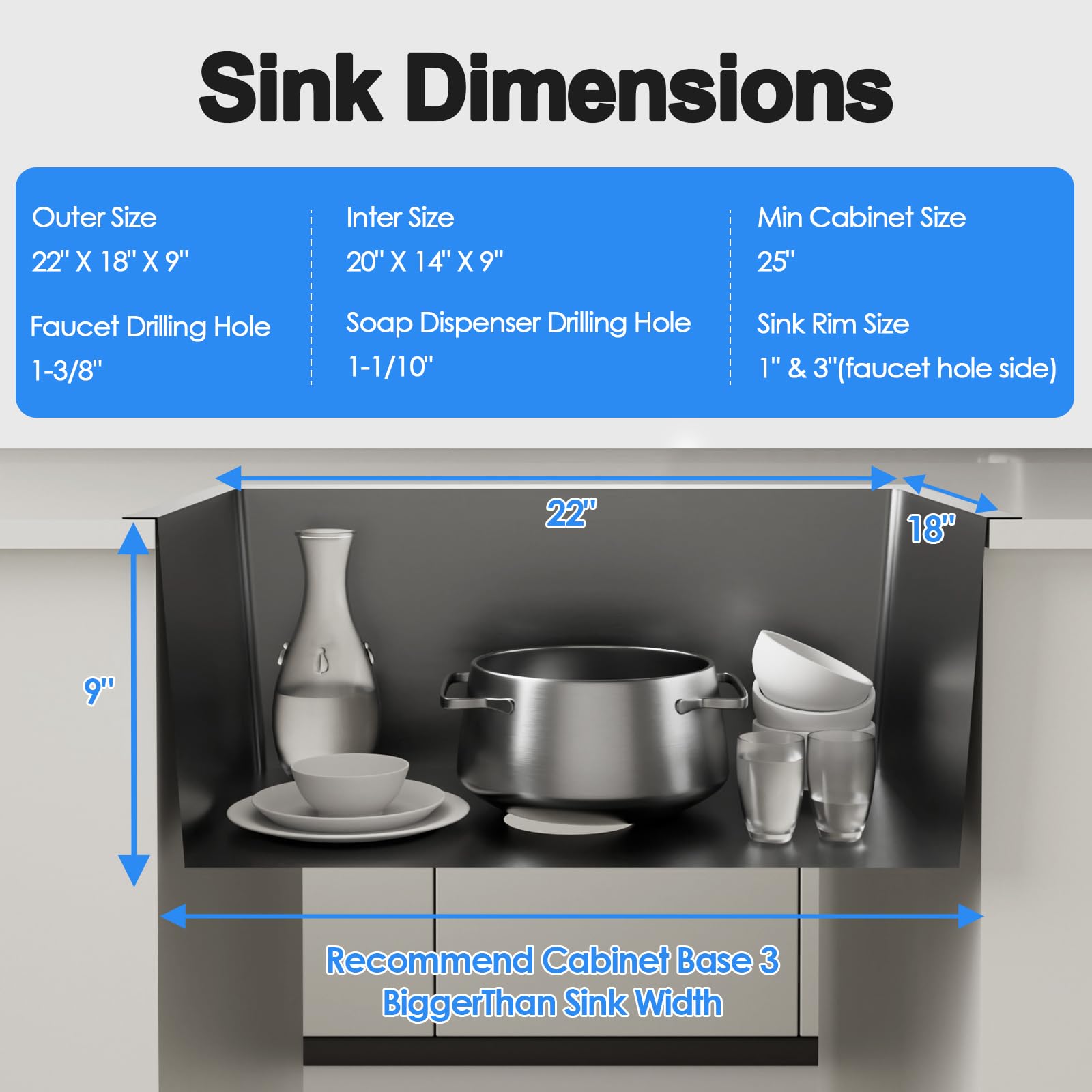 22 x 18 Inch Drop-in Kitchen Sink - 9