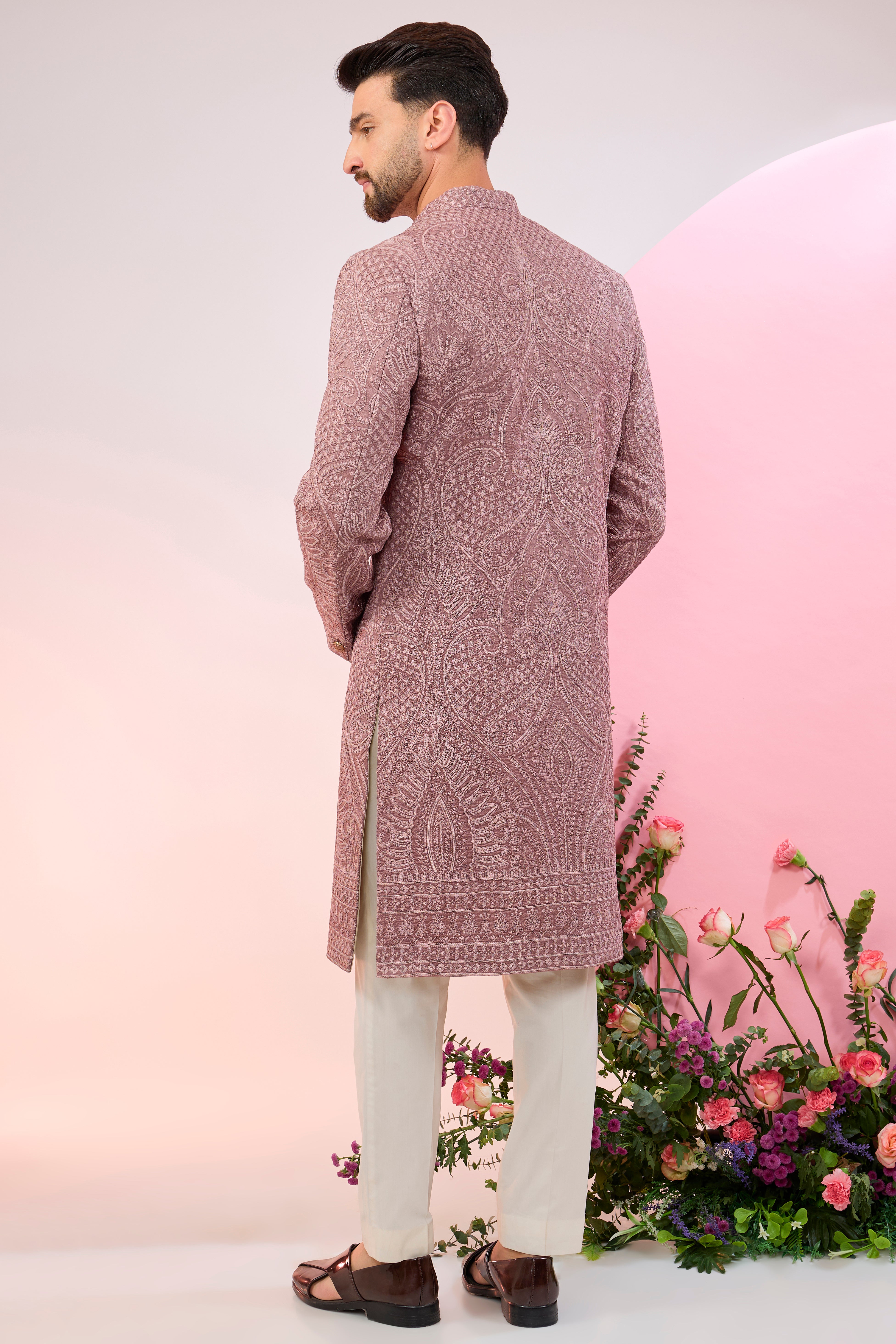 Elegant Mauve Taupe Kashmiri Embroidered Sherwani with Intricate Aari Work - Perfect for Weddings, Festivals & Special Occasions