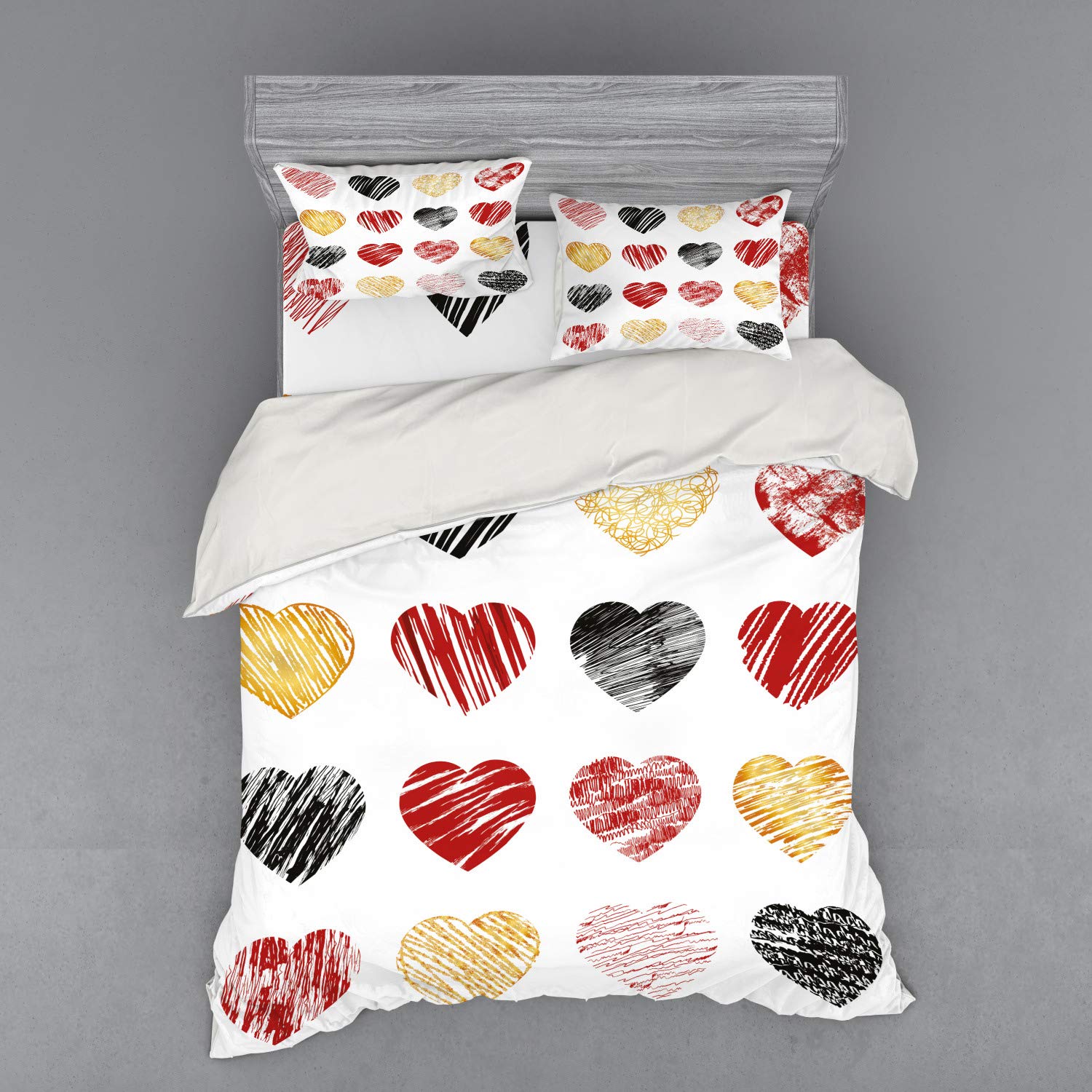 Ambesonne Romance Bedding Set - Queen Size 4-Piece Duvet Cover Set with Shams & Fitted Sheet, Hand-Painted Valentine's Wedding Heart Design in Pale Coffee Black Red | Perfect for Couples, Anniversary Gifts & Romantic Bedroom Decor