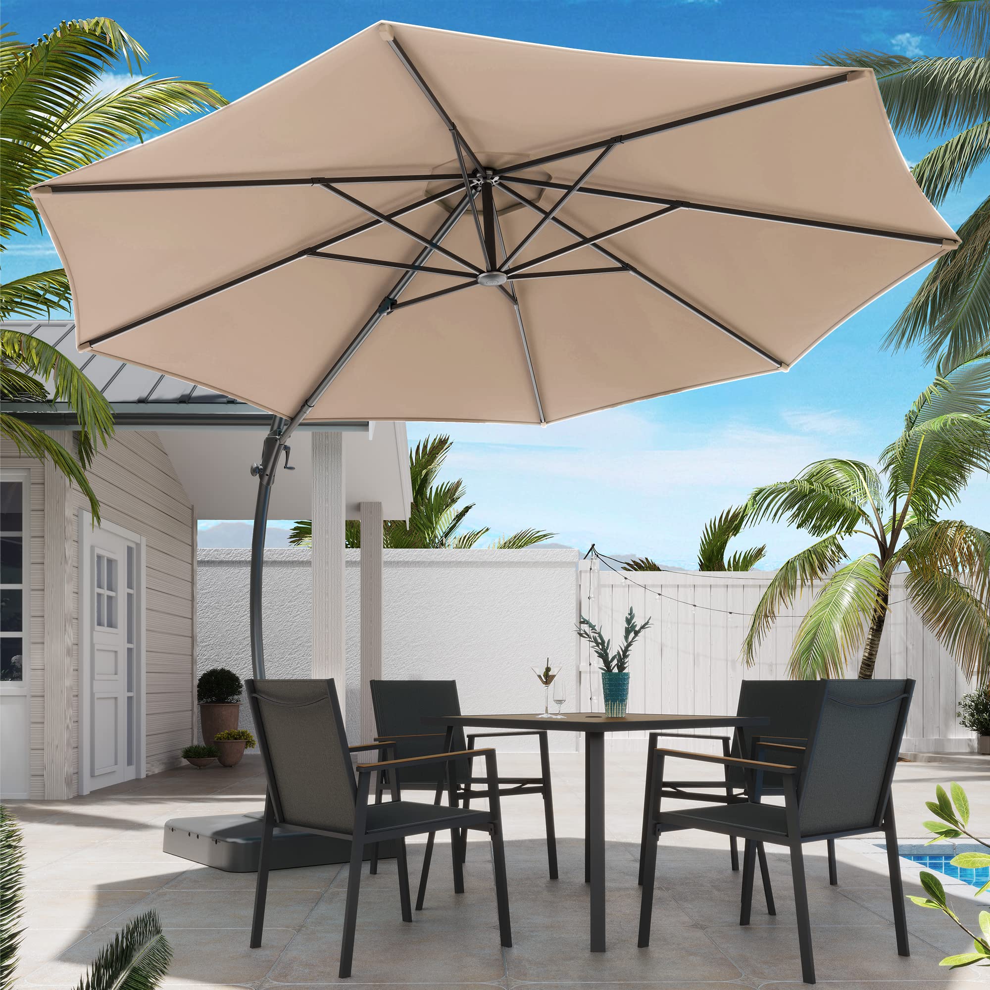 LUSAINT HOME 11 FT Heavy Duty Offset Cantilever Patio Umbrella with Base - 360° Rotating Outdoor Hanging Umbrella for Poolside, Garden, Backyard, Deck & Commercial Use (Beige) | Perfect for Lounging, Dining & Outdoor Entertaining