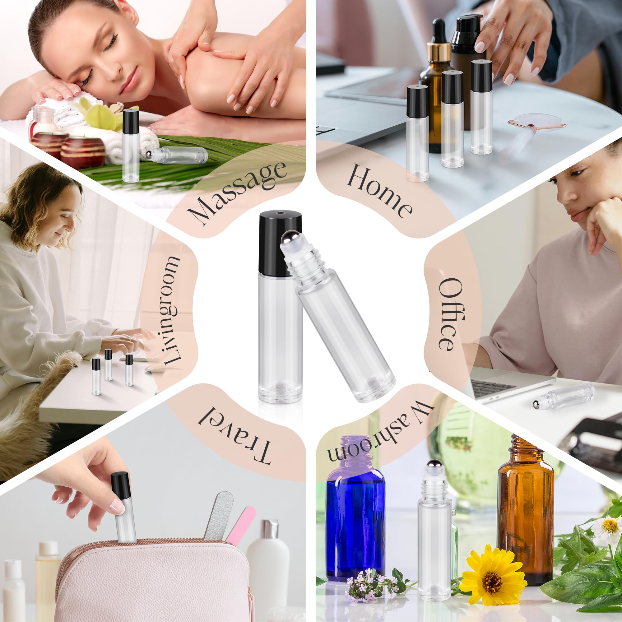 10ml Essential Oil Roller Bottles 6-Pack - Clear Thick Glass Bottles with Stainless Steel Roller Balls & 2 Droppers - Perfect for Aromatherapy, DIY Blends & Travel
