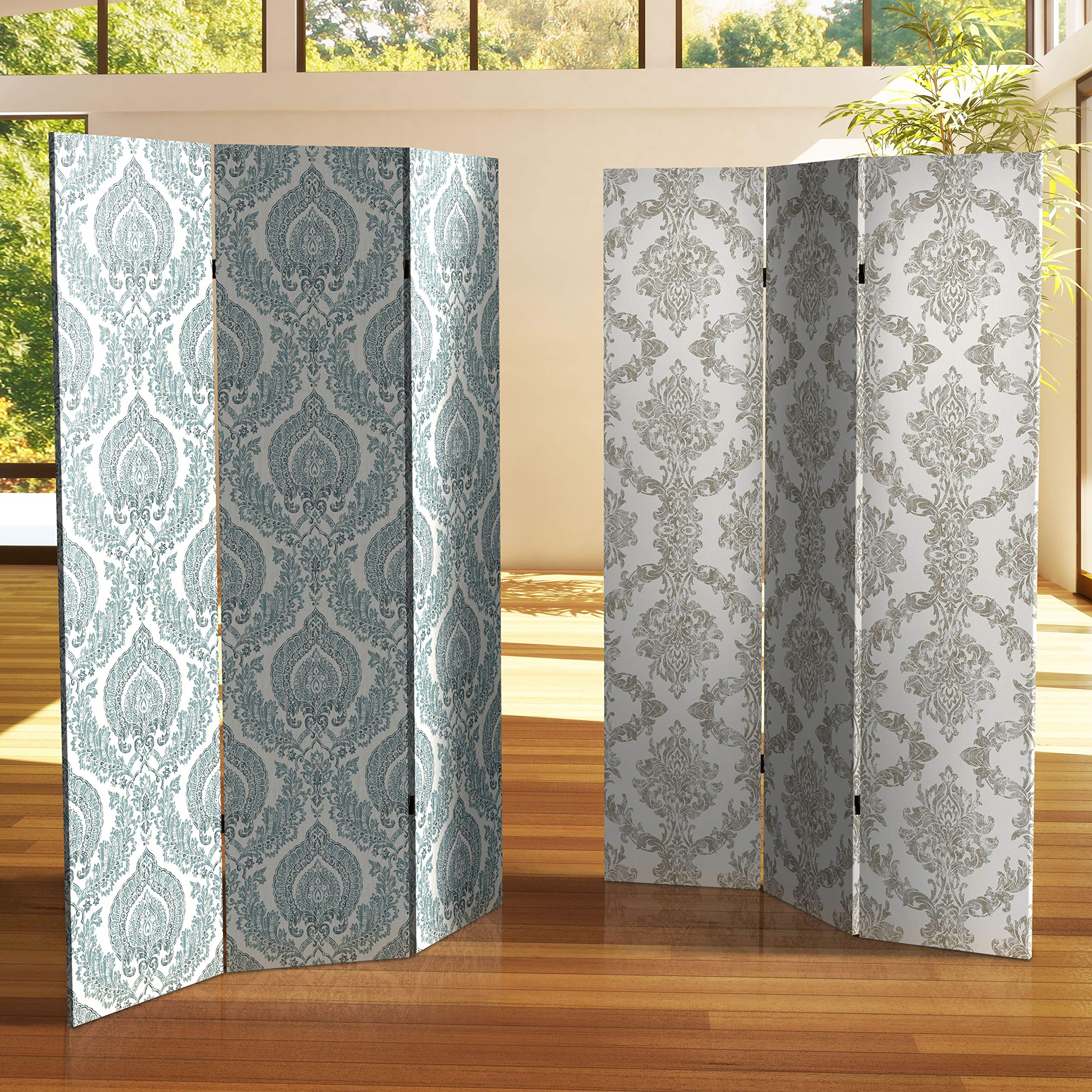 6 ft. Tall Red Lantern Double Sided Ivory Damask Canvas Room Divider - Elegant Folding Screen for Living Room, Bedroom, Office & Wedding Decor