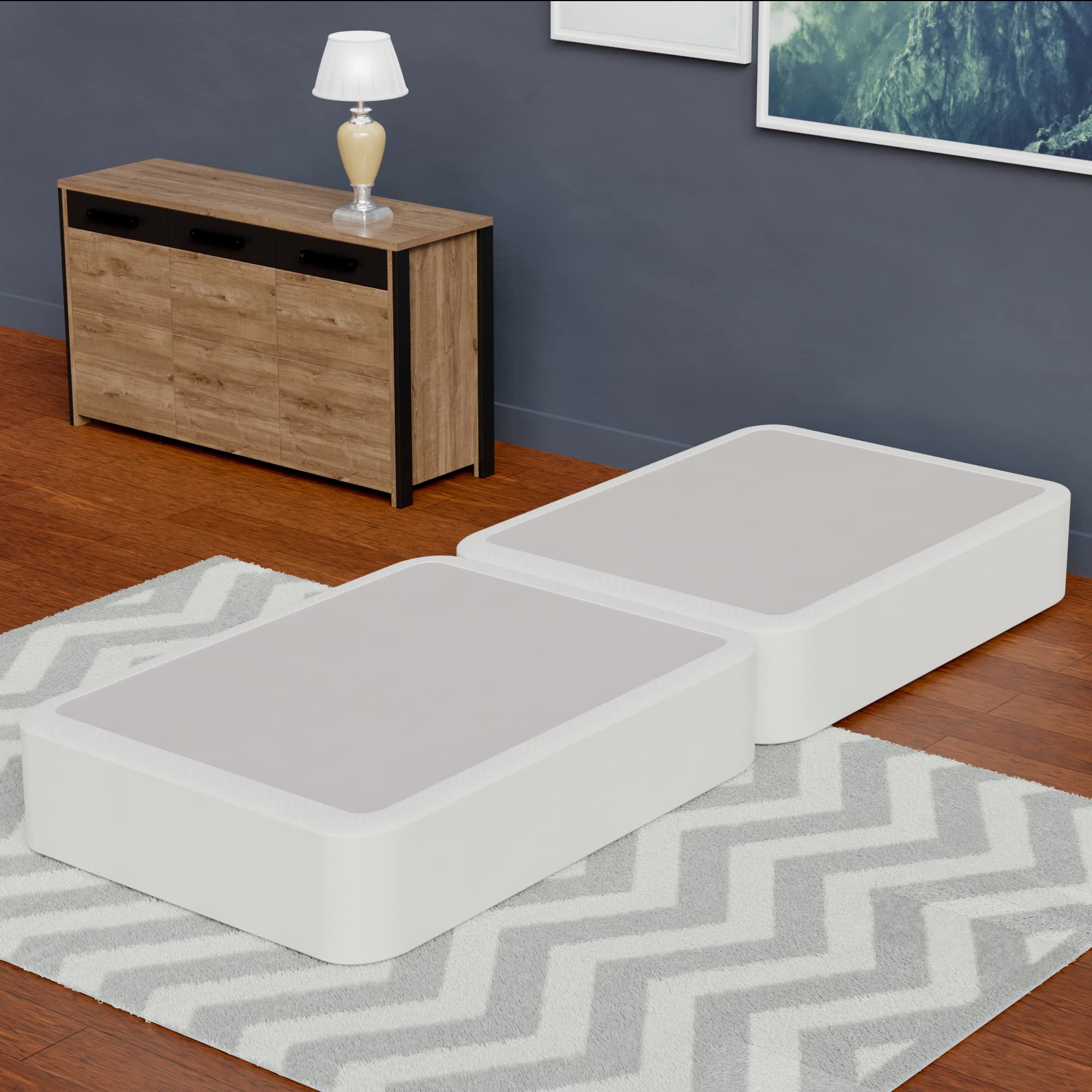4-Inch Fully Assembled Traditional Box Spring Foundation for Mattress - Sturdy Fabric Paneled Wooden Bed Frame - Durable Twin Size White Box Springs for Bedroom & Guest Room Use