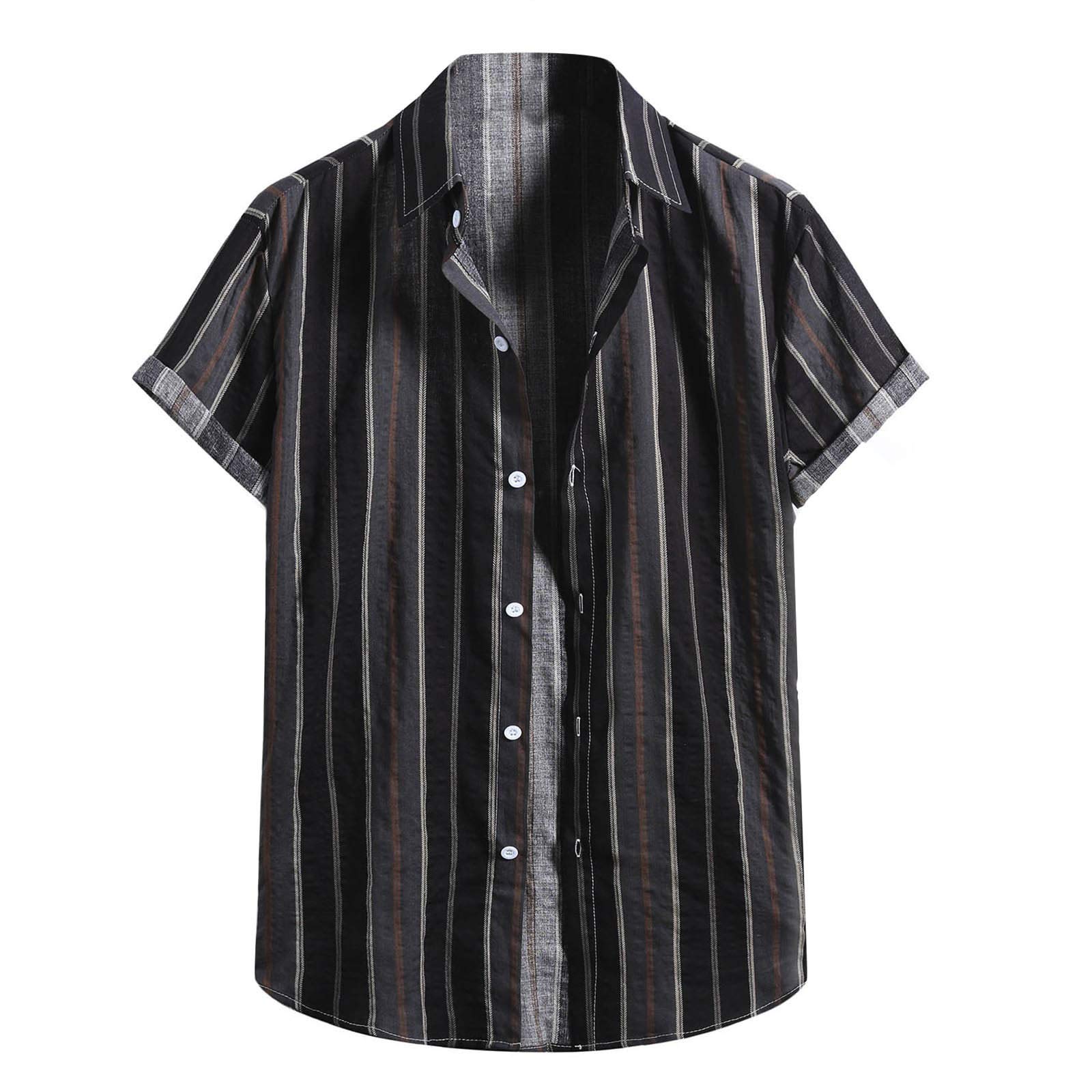 Hawaiian Aloha Shirt for Men - Linen Short Sleeve Button Down Shirt with Dark Stripes | Summer Beach Vacation, Luau Party & Casual Wear