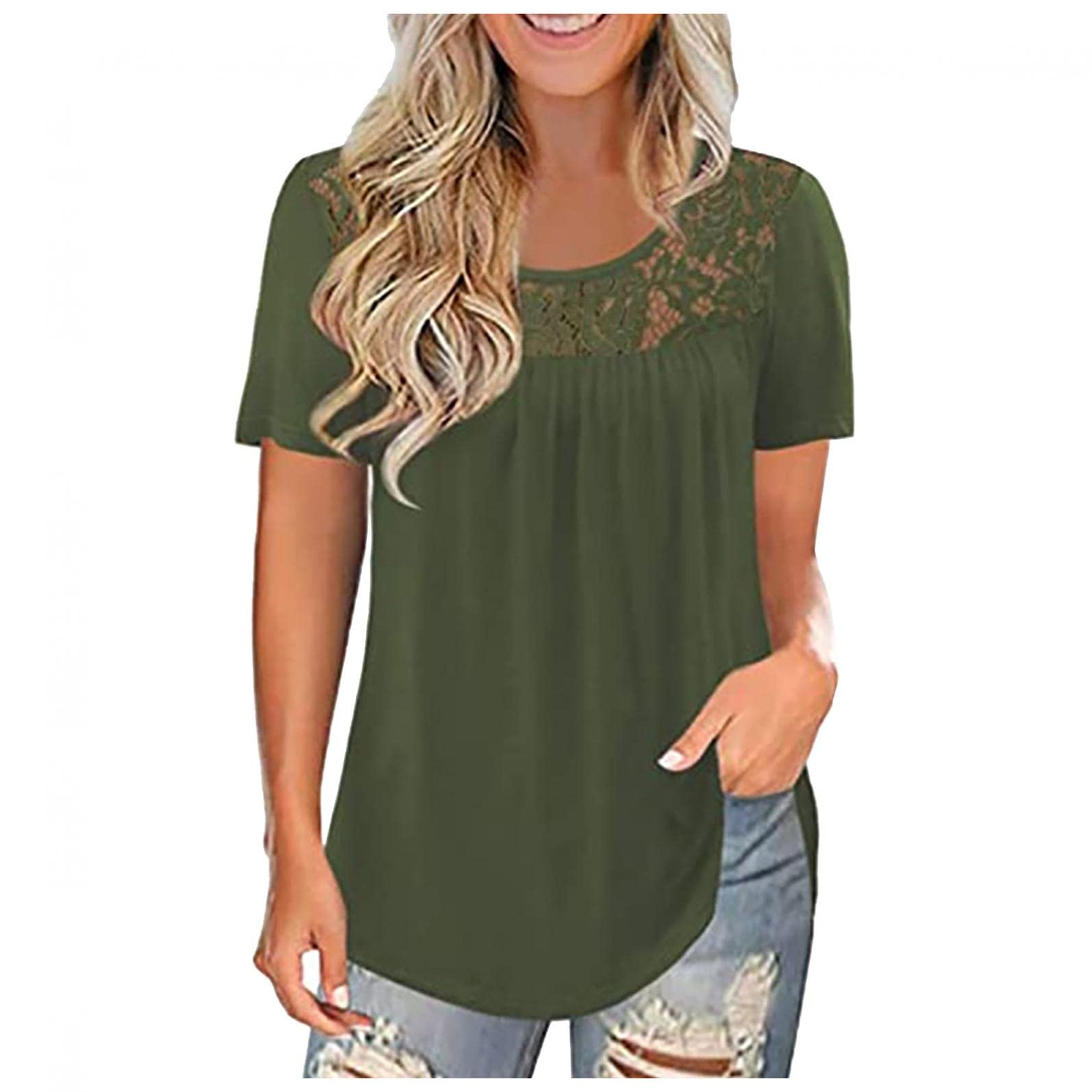 UOCUFY Women's Plus Size Casual Short Sleeve Lace Tunic Blouse - Flowy Summer Top for Work, Date Night & Outdoor Activities