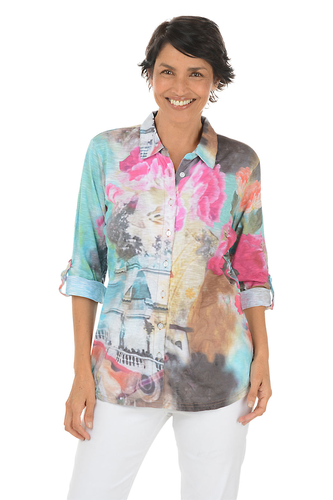 Floating Flowers Roll Tab Knit Shirt - Women's Boho Chic Blouse for Casual Wear & Summer Outfits