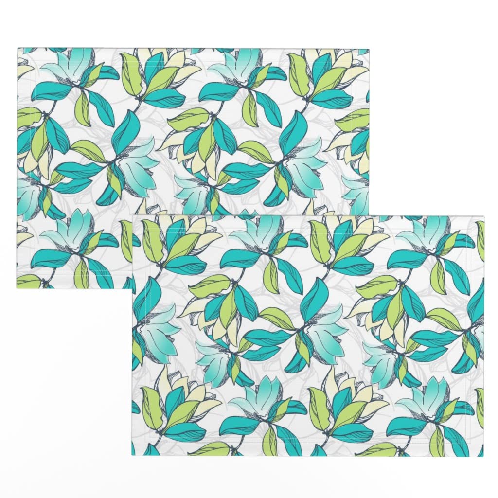 Premium Linen Cotton Canvas Placemats Set of 2 - Green Floral Botanical Hand-Drawn Abstract Print Table Mats for Dining, Kitchen Decor, and Party Settings