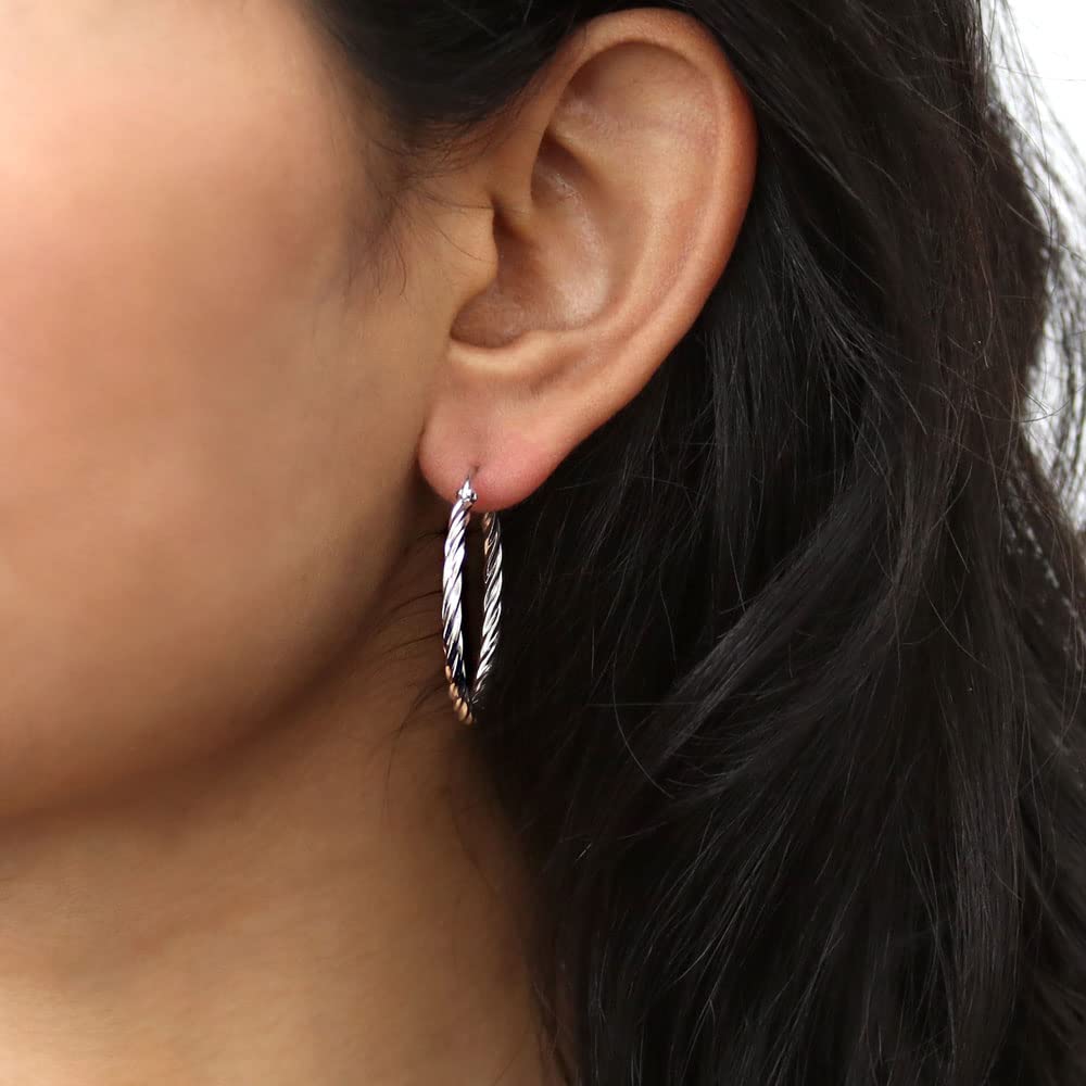 Sterling Silver Cable Medium Hoop Earrings for Women - 1.2 Inch Yellow Gold Flashed & Rhodium Plated - Elegant Everyday Jewelry for Work, Date Night and Special Occasions