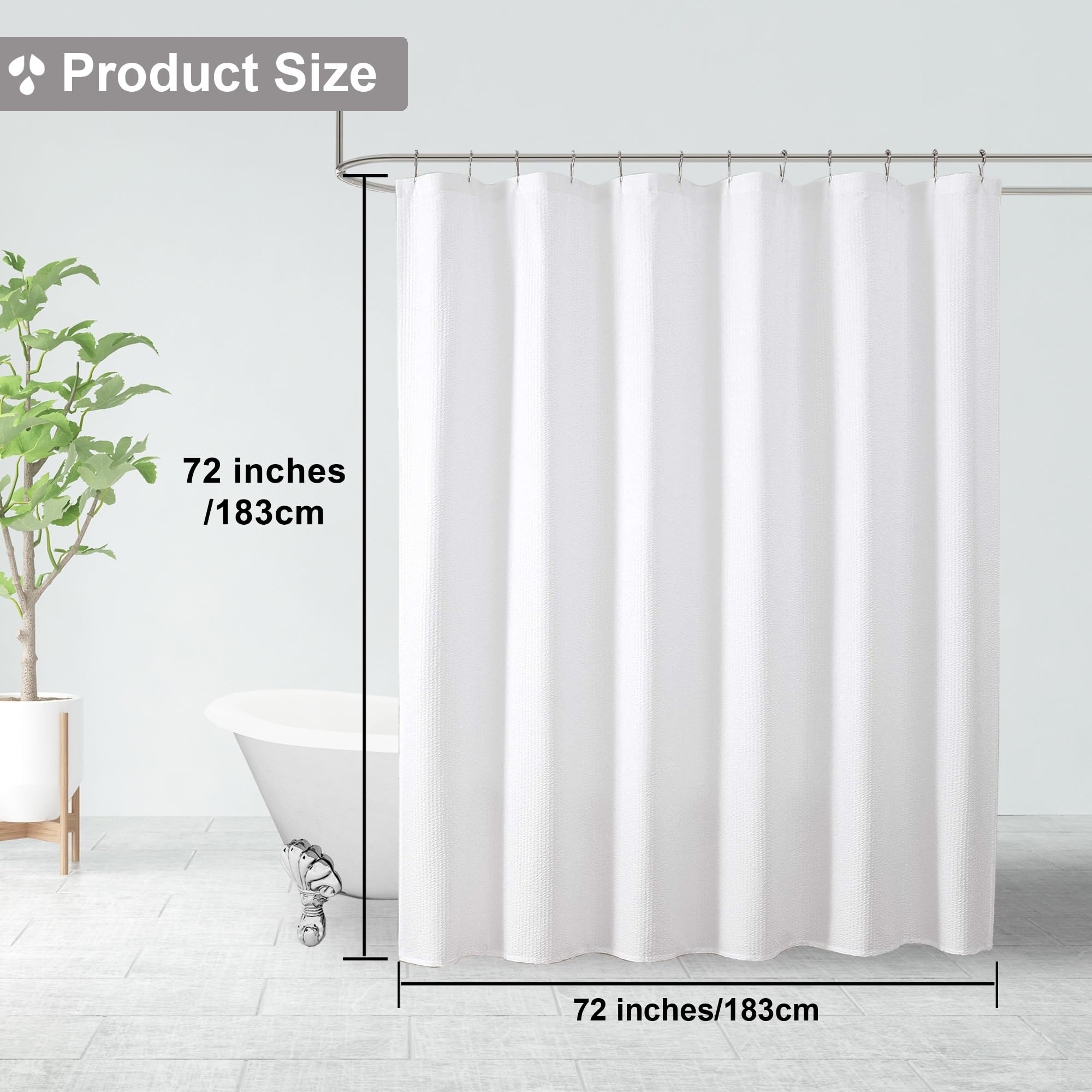 OVZME White Embossed Textured Fabric Shower Curtain - Water Repellent Luxury Hotel Spa Bathroom Decor (72x72 Inches) | Soft Machine Washable Cloth for Modern Bathrooms & Guest Suites