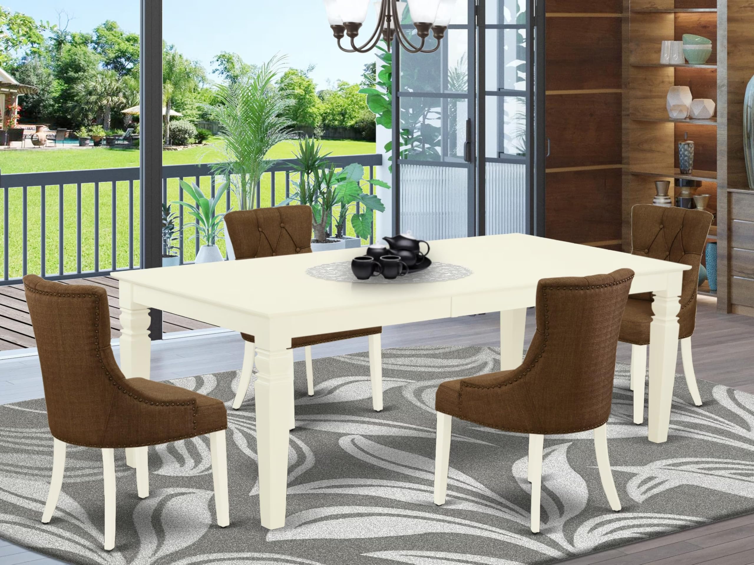East West Furniture LGFR5-LWH-18 5-Piece Dining Room Set - 42x84 Inch White Linen Rectangle Table with Butterfly Leaf Extension & 4 Brown Fabric Upholstered Chairs | Perfect for Small Kitchens, Breakfast Nooks, and Compact Dining Spaces