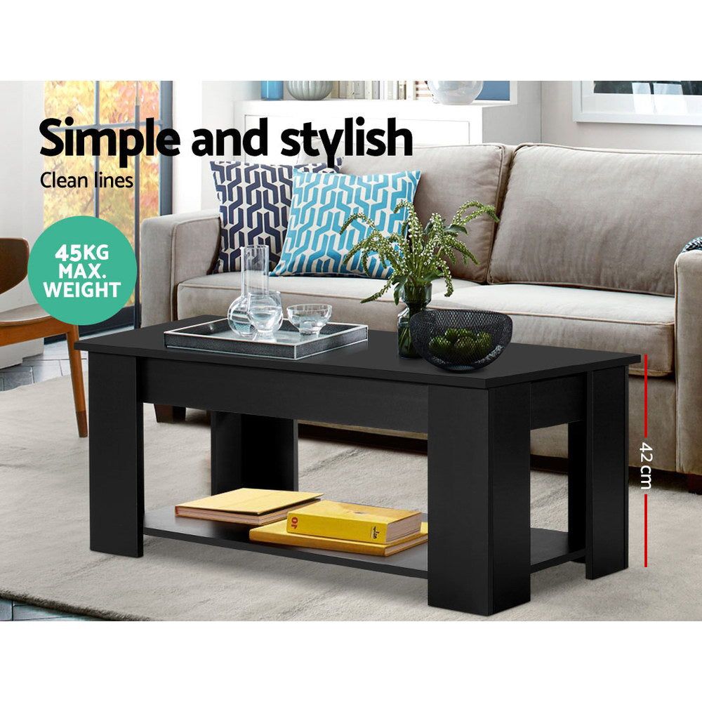 Lift-Up Top Coffee Table with Storage Shelf - Black | Modern Living Room Furniture for Small Spaces | Perfect for Storing Magazines, Remote Controls, and Home Decor