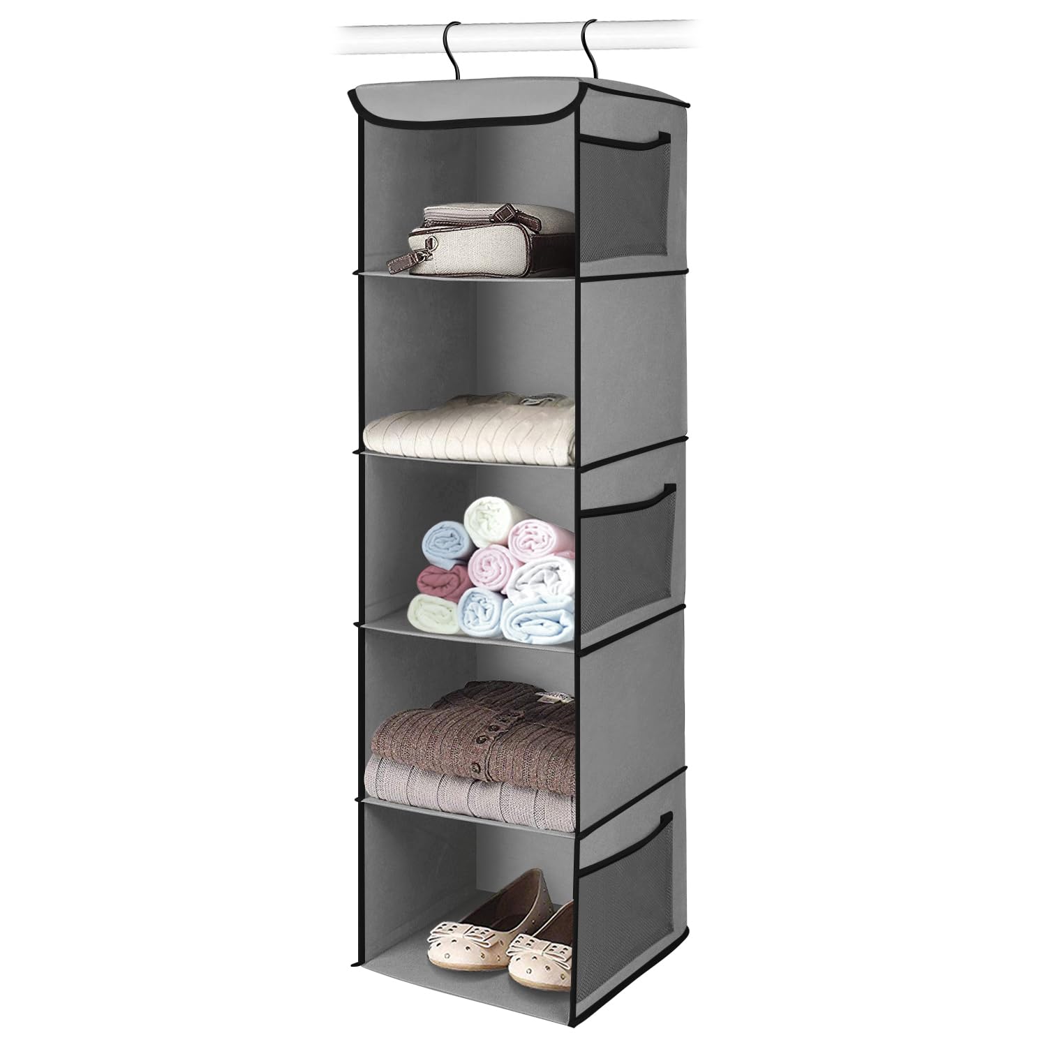 Flexzion 5-Tier Hanging Shoe Organizer with 6 Mesh Pockets - Space Saving Closet Storage for Shoes, Clothes & Accessories - Over The Door or Wall Mount Design - Perfect for Bedroom, Bathroom & Wardrobe Organization (Brown)