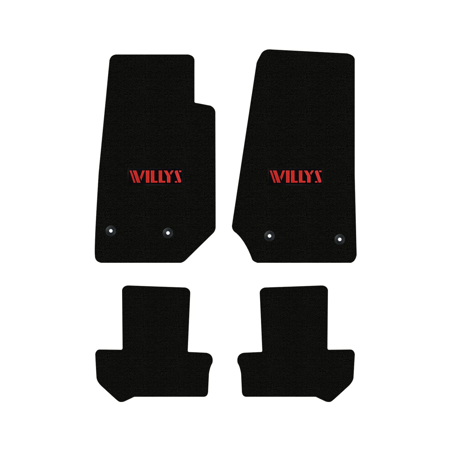 Premium Custom-Fit Carpeted Floor Mats for Jeep Wrangler JK 2014-2018 - 4-Piece Set (Front & Rear) - Black with Red Willy Accent - Luxury Car Floor Liners for Enhanced Comfort & Style - Perfect for Off-Road Adventures & Daily Commutes