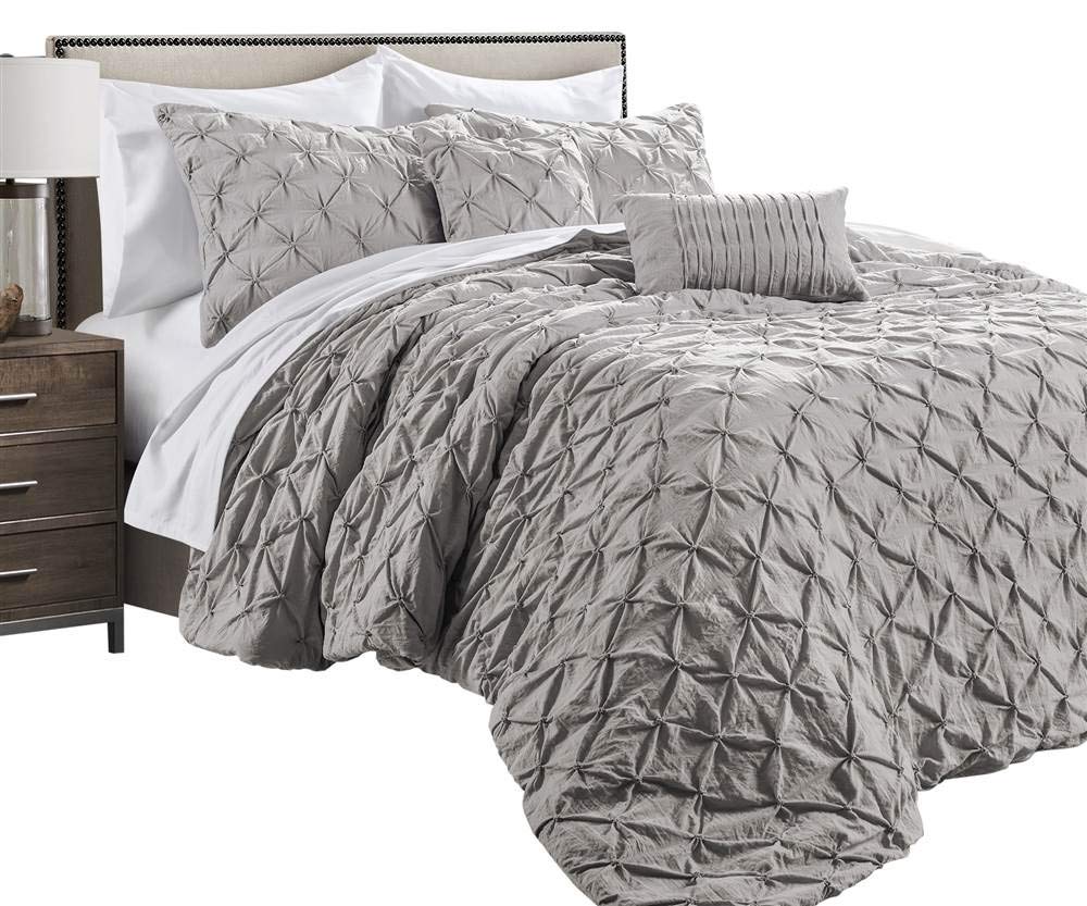 Luxury Lush Decor Ravello Pintuck Comforter Set - 5 Piece Textured Bedding Collection - Elegant Traditional Glam & Farmhouse Style - Full/Queen Size Light Gray - Perfect for Master Bedroom, Guest Room & Cozy Home Decor