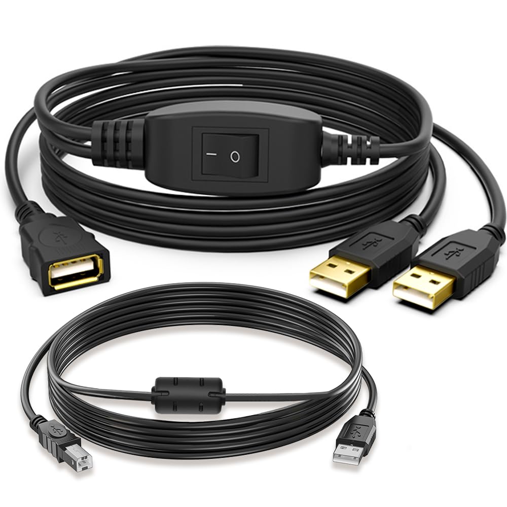 Herfair USB Splitter 1 to 2 Printer Cable - Dual USB Male to Female Adapter for Connecting Two Computers to One Printer, Scanner, or Fax Machine (5FT) - Perfect for Home Office, Small Business & Shared Workspaces