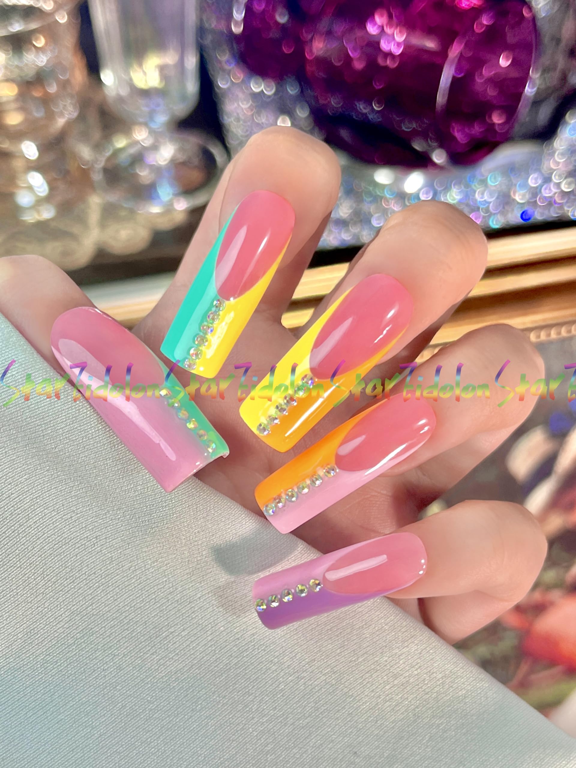 Hand-Painted Press on Nails Square Short French Tips & Coffin Fake Nails Kit - Salon Quality Medium Press on Nails with Glue for Women & Girls | Custom Long Coffin Stiletto (Style 16) | Perfect for Parties, Weddings, Date Nights & Everyday Wear