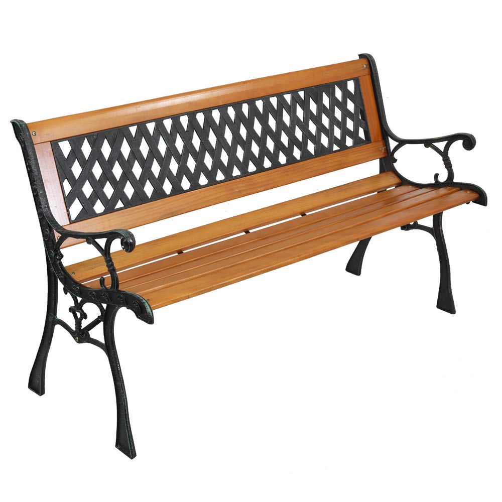 49-Inch Outdoor Garden Bench - Natural Hardwood Patio Park Bench with Bronze Cast Iron Frame & Weave Pattern - Rustic Elegant Porch, Deck & Backyard Seating for Relaxing & Outdoor Decor