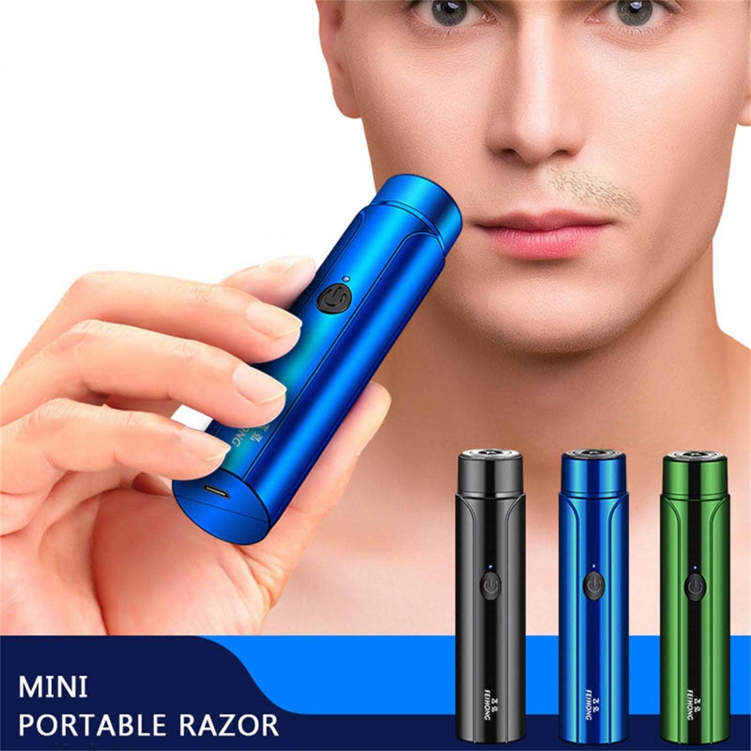 Men's Electric Shaver - Mini Portable Waterproof Cordless Wet/Dry Beard Trimmer & Body Groomer - Blue - Perfect for Travel, Gym & Daily Shaving