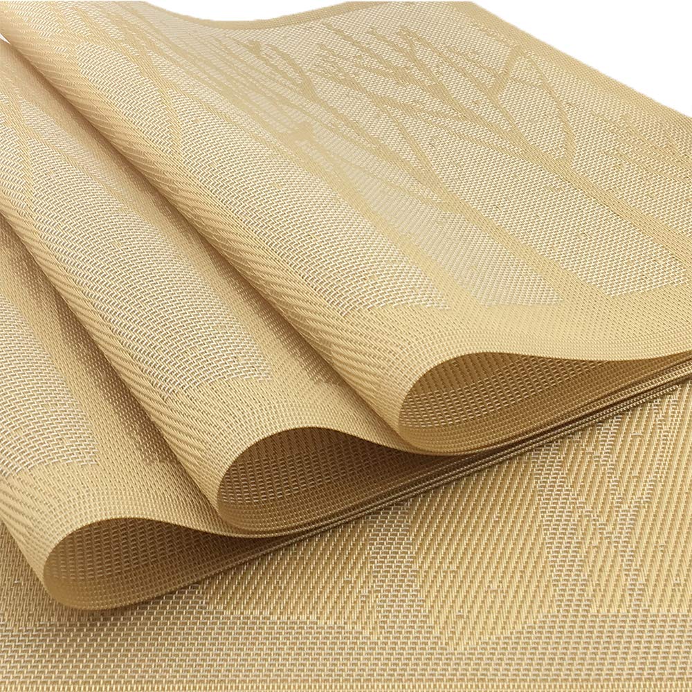 Gugrida Set of 6 PVC Washable Woven Vinyl Placemats - Heat Insulation Table Mats for Dining (18x12 Inch, Gold Tree Design) | Perfect for Everyday Meals, Dinner Parties & Holiday Gatherings