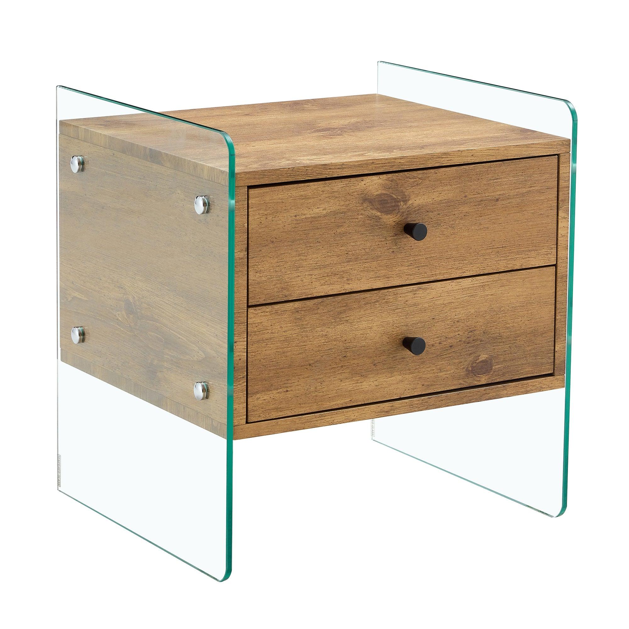 Modern Double Drawer Bedside Table with MDF Sticker Surface & Tempered Glass Sides - Elegant Design & Spacious Storage for Bedroom, Living Room, or Office