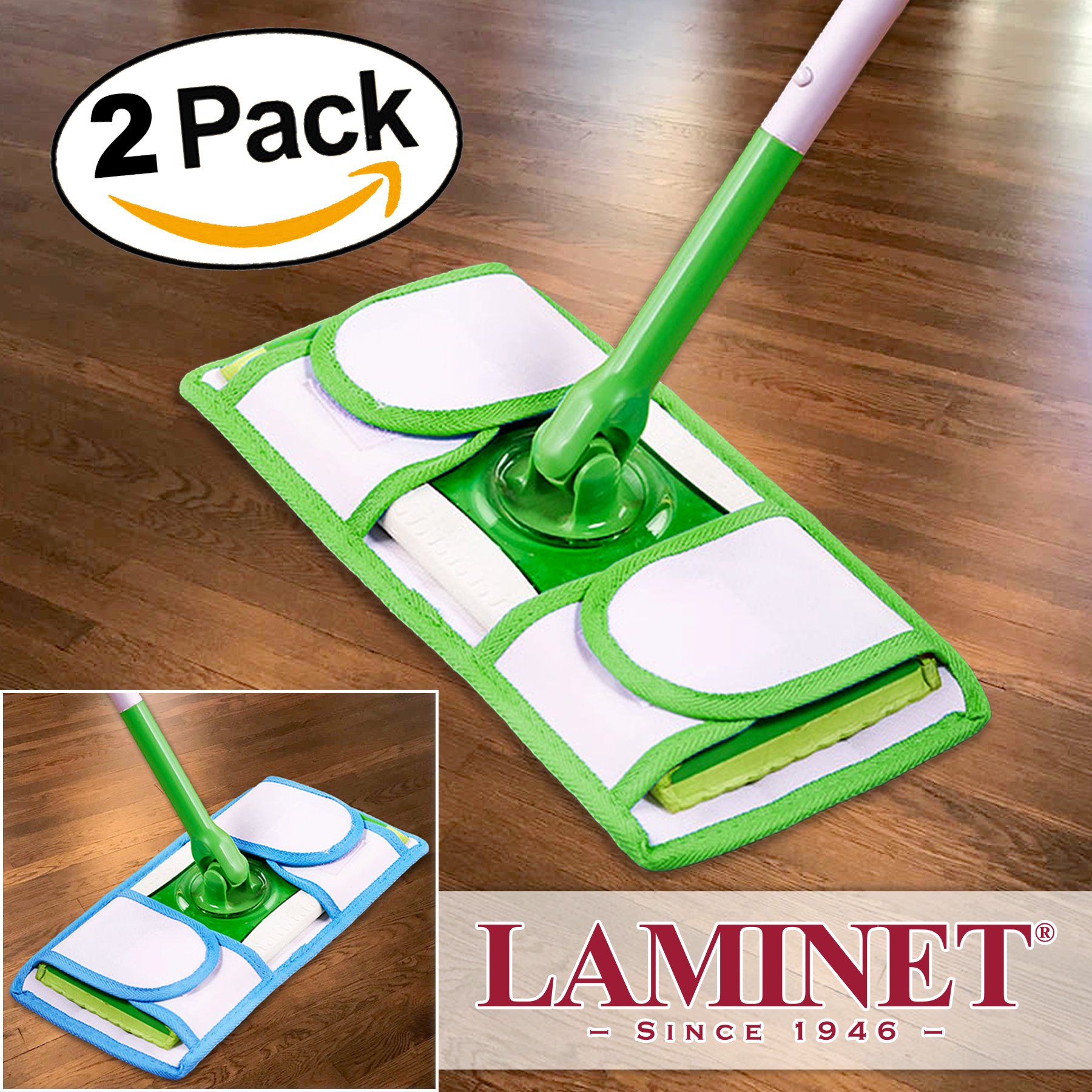Durable Reusable Mop Pads Set of 2 (Green & Blue) - Washable Microfiber Cleaning Pads for Floors, Hardwood & Tile - Perfect for Daily Cleaning & Pet Hair Removal