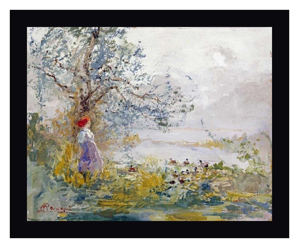 Pompeo Mariani 'A Peasant Girl and Ducks' 16x20 Inch Framed Canvas Art Print - Black Wood Frame - Ready to Hang Wall Decor - Perfect for Living Room, Bedroom or Office