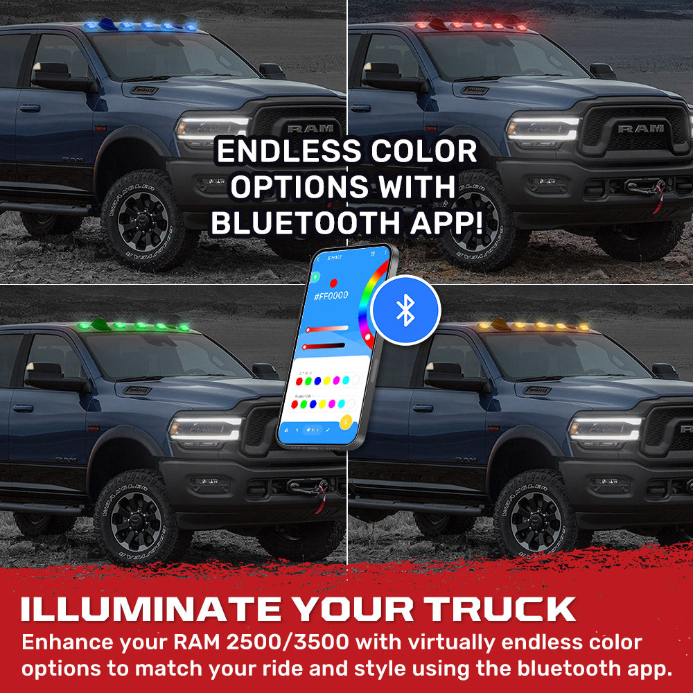 Dodge RAM 2500/3500 5-Piece RGB LED Cab Roof Lights with Bluetooth App Control - Ultra Bright Multi-Color Replacement for Factory/OEM Cab Lights (Multiple Lens Options) - Perfect for Off-Roading, Night Driving & Truck Customization