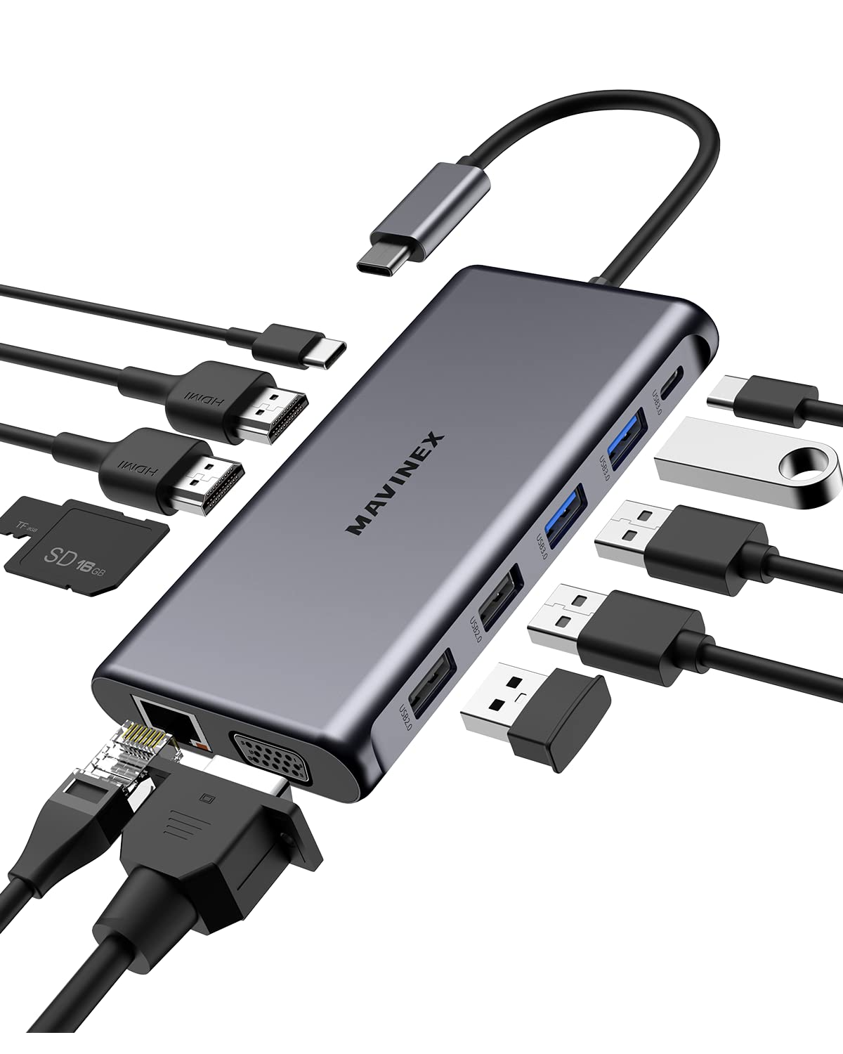 MAVINEX 12-in-1 USB C Docking Station with Triple Display - Dual 4K HDMI & 1080P VGA, 100W PD Charging, 1Gbps Ethernet, USB-C & 4 USB-A Ports, SD/TF Card Reader - Compatible with MacBook Pro/Air, Dell, HP, Lenovo Laptops - Perfect for Home Office, Video Conferencing & Multi-Monitor Work Setup