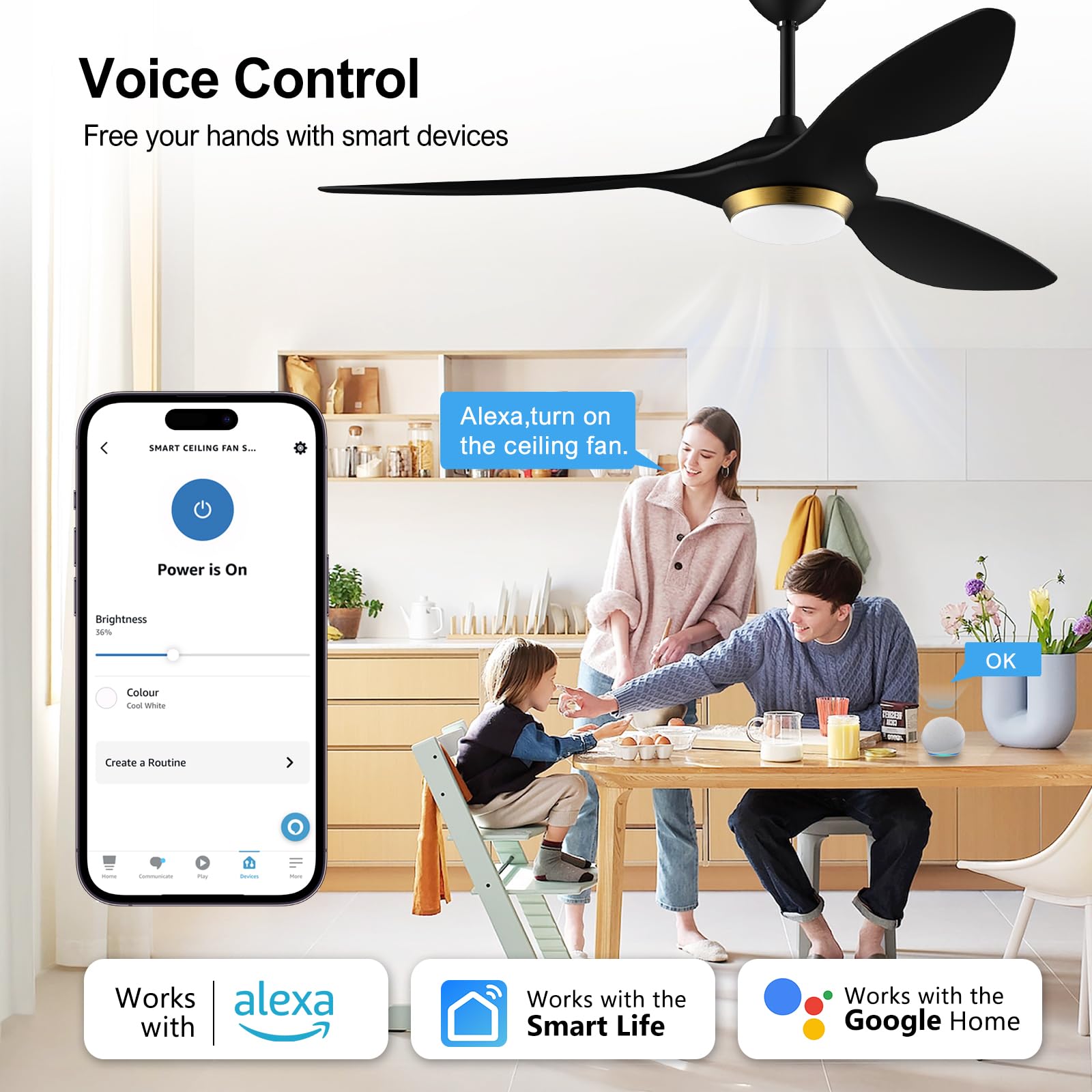 Reiga 52 Inch Black Modern Ceiling Fan with Light - Smart WiFi & Remote Control, 3 Blade Quiet DC Motor for Living Room, Bedroom, Patio, Garage - ETL Certified - Perfect for Home Cooling & Stylish Interior Decor