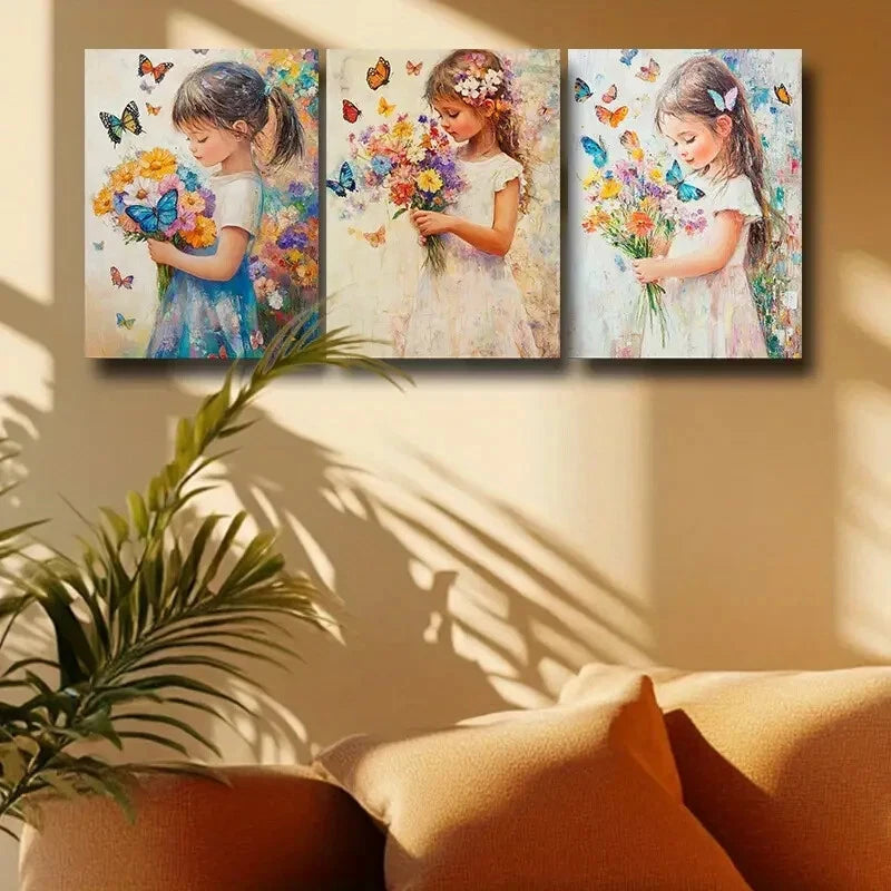 3-Piece Metal Wall Art Prints - Girl Holding Flowers Design, Ready to Hang Home Decor for Living Room, Bedroom & Office
