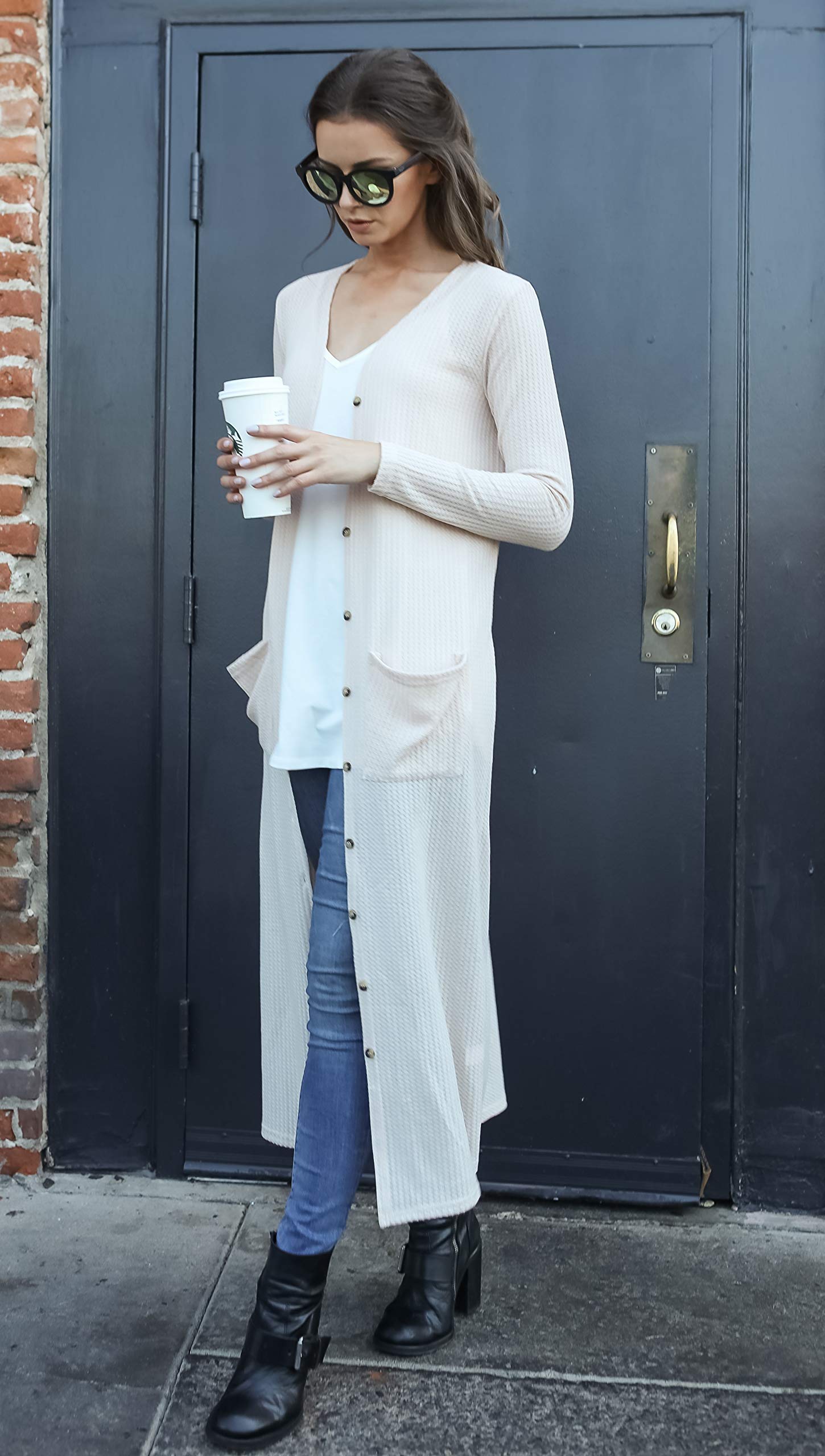 Women's Lightweight Waffle Knit Long Sleeve Cardigan with Pockets - Soft Duster Sweater for Fall & Winter - Casual Loungewear, Layering Piece for Office or Coffee Dates