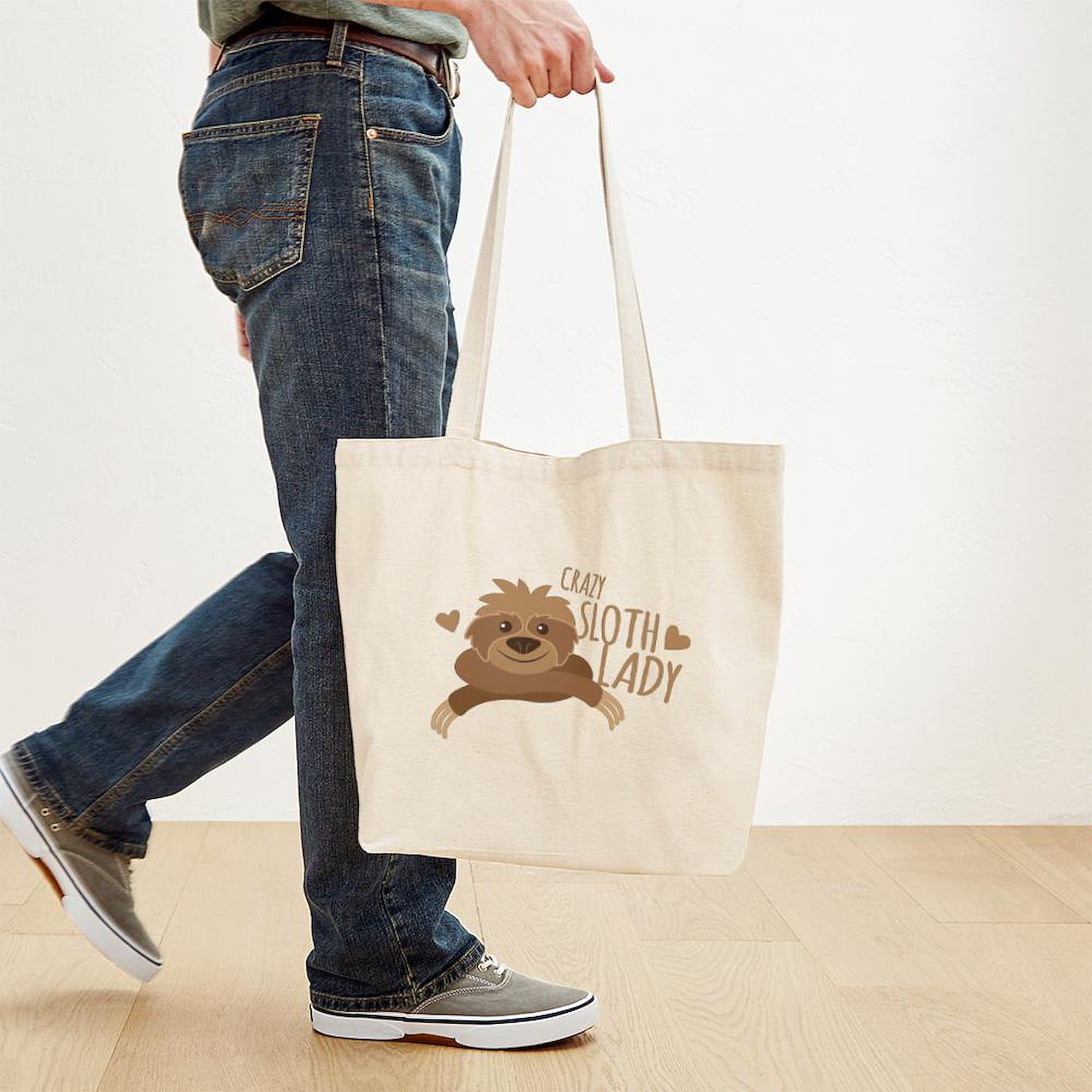 Crazy Sloth Lady Tote Bag - Natural Canvas Reusable Shopping Bag for Women | Eco-Friendly Grocery Tote, Beach Bag & Everyday Carry