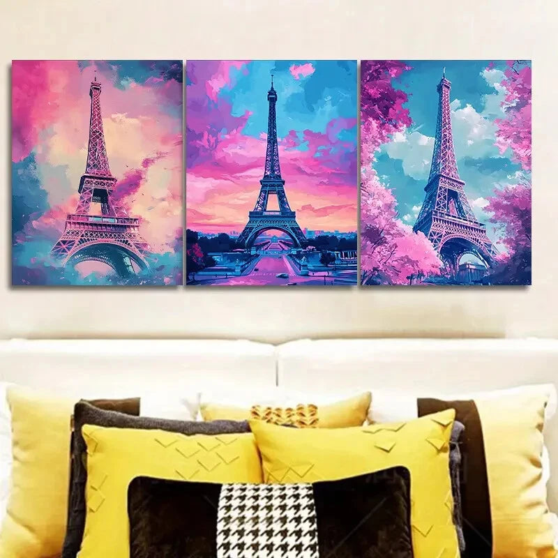 3-Piece Eiffel Tower Paris Wall Art Set - Framed Canvas 40x60cm (16x24in) | High Quality Print | Ready to Hang Home Decor | Perfect for Living Room, Bedroom & Office Decoration