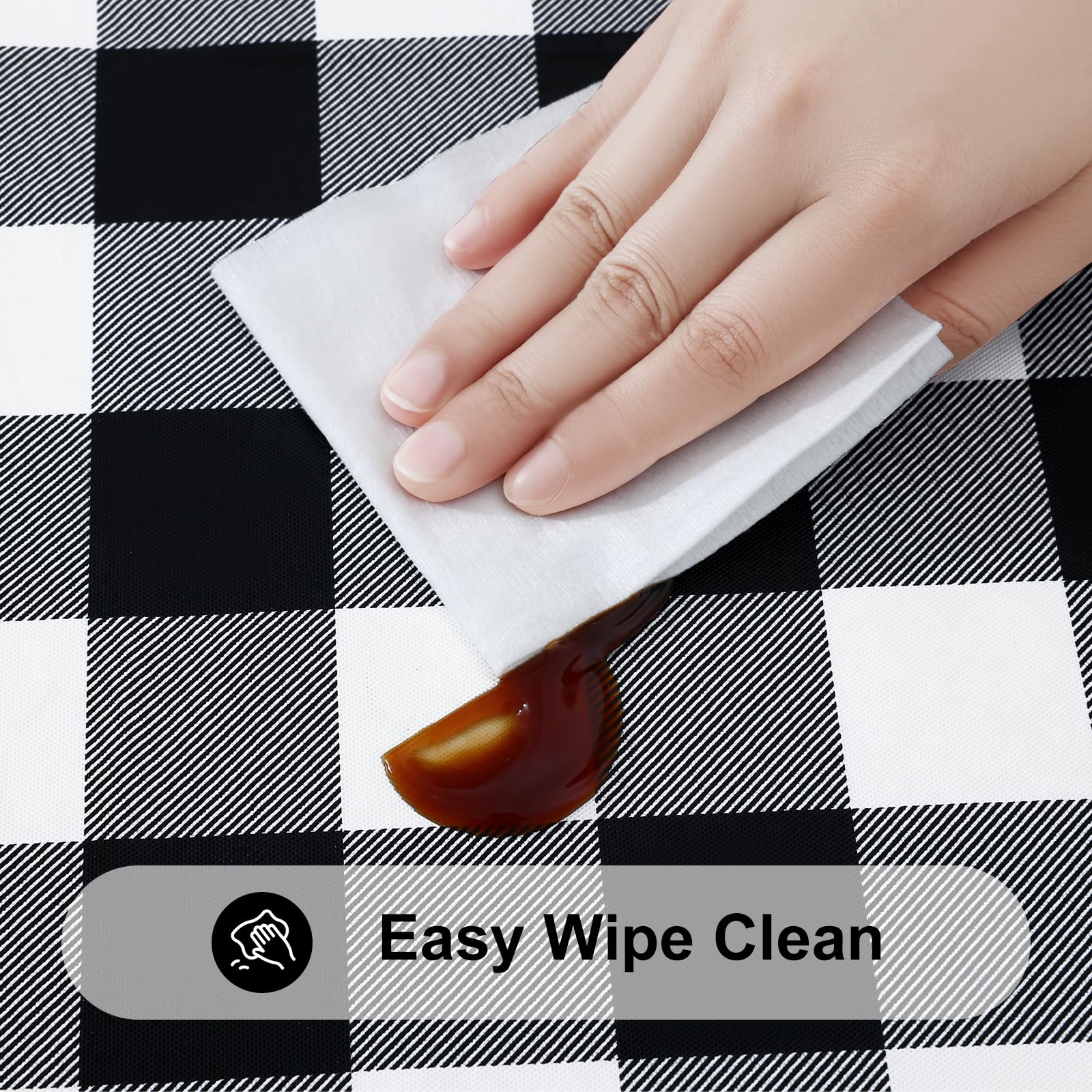 Smiry Round Elastic Waterproof Fitted Vinyl Tablecloth for 57-68 Inch Tables - Flannel Backed Buffalo Plaid Table Cover for Dining, Camping, Outdoor Use - Black and White Checkered Picnic Table Cloth Perfect for BBQs, Patio Parties & Picnics