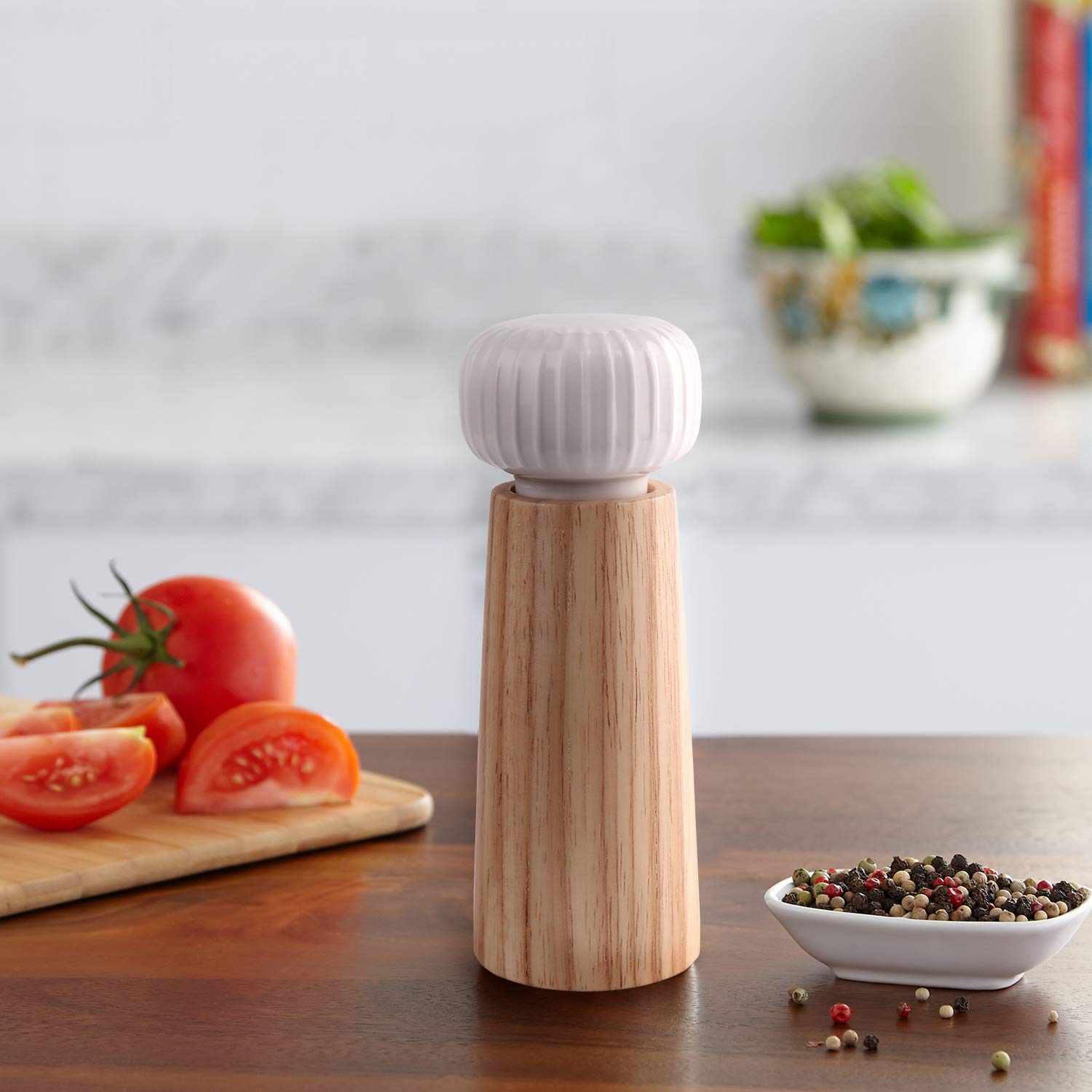 Premium Wood & Ceramic Salt and Pepper Grinder Set - Adjustable Coarseness Spice Mill with Tray (17.5cm) - Perfect for Kitchen, Dining Table & Gourmet Cooking