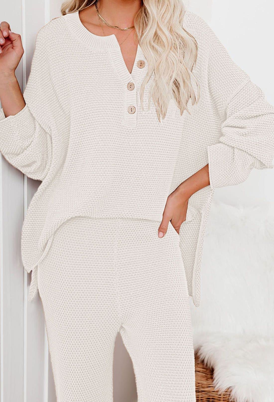 Women's 2-Piece Sweatsuit Set - V-Neck Waffle Knit Long Sleeve Sweater & Wide Leg Lounge Pants - Cozy Casual Outfit for Home, Travel & Relaxation