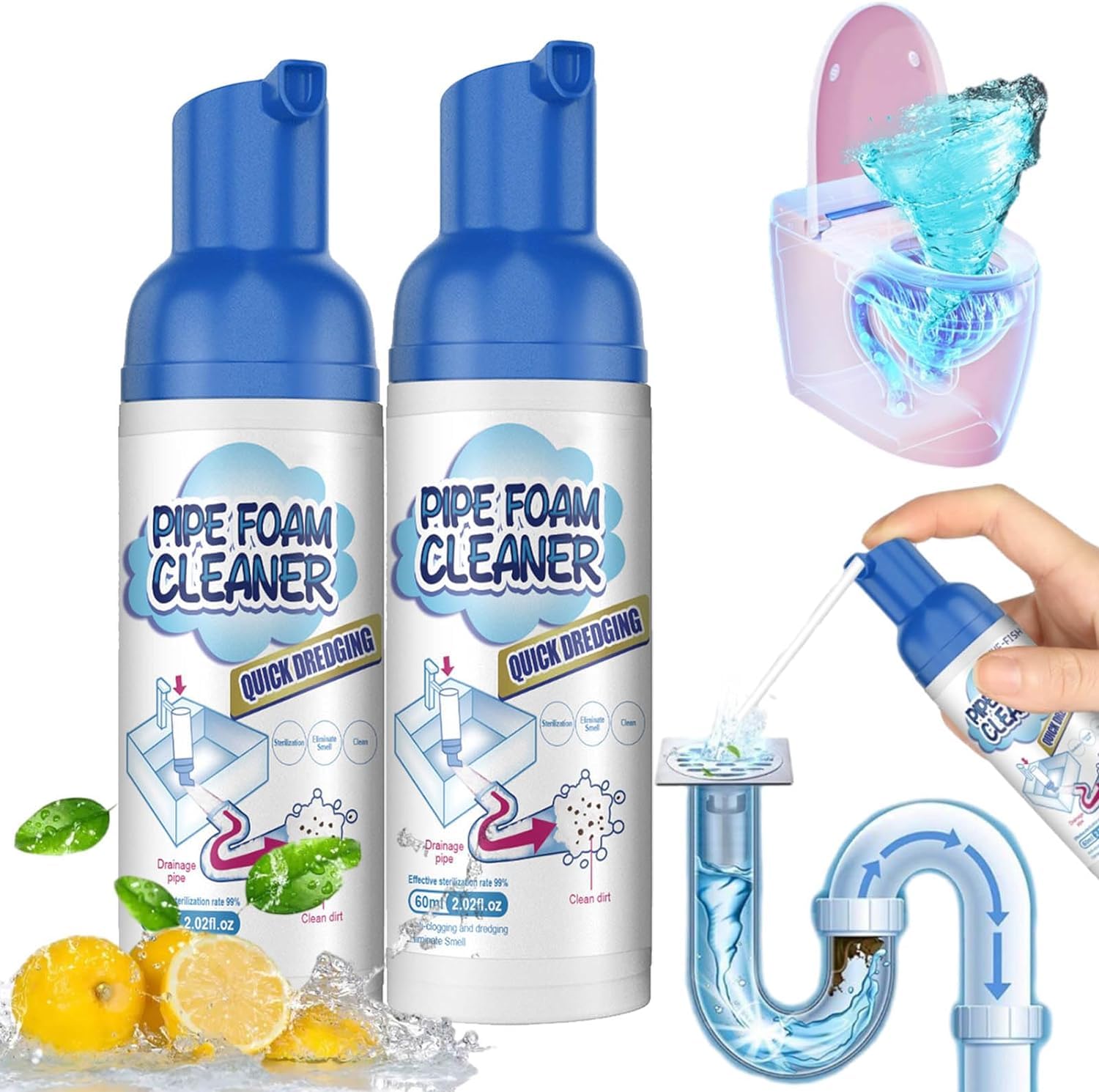 Yugou 2 Pack Drain Cleaner Foam - Powerful Clog Remover for Sinks, Showers & Bathtubs - Fast Acting Pipe Unclogger - Eliminates Hair, Grease & Soap Scum - Perfect for Kitchen & Bathroom Drain Maintenance
