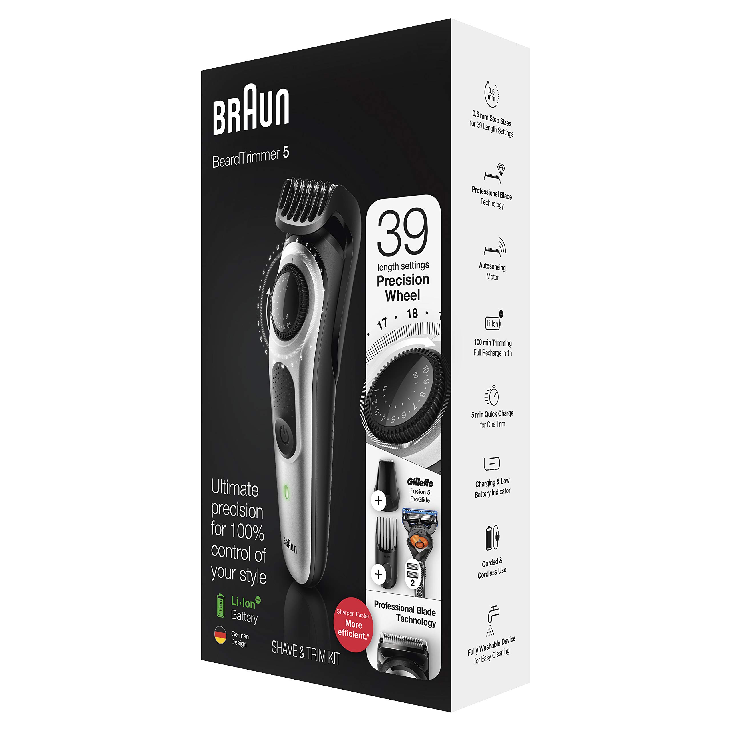Braun BT5260 Beard Trimmer for Men - Cordless Rechargeable Hair Clipper with Mini Foil Shaver & Detail Trimmer | Includes Gillette ProGlide Razor | Perfect for Travel, Grooming & Precision Styling