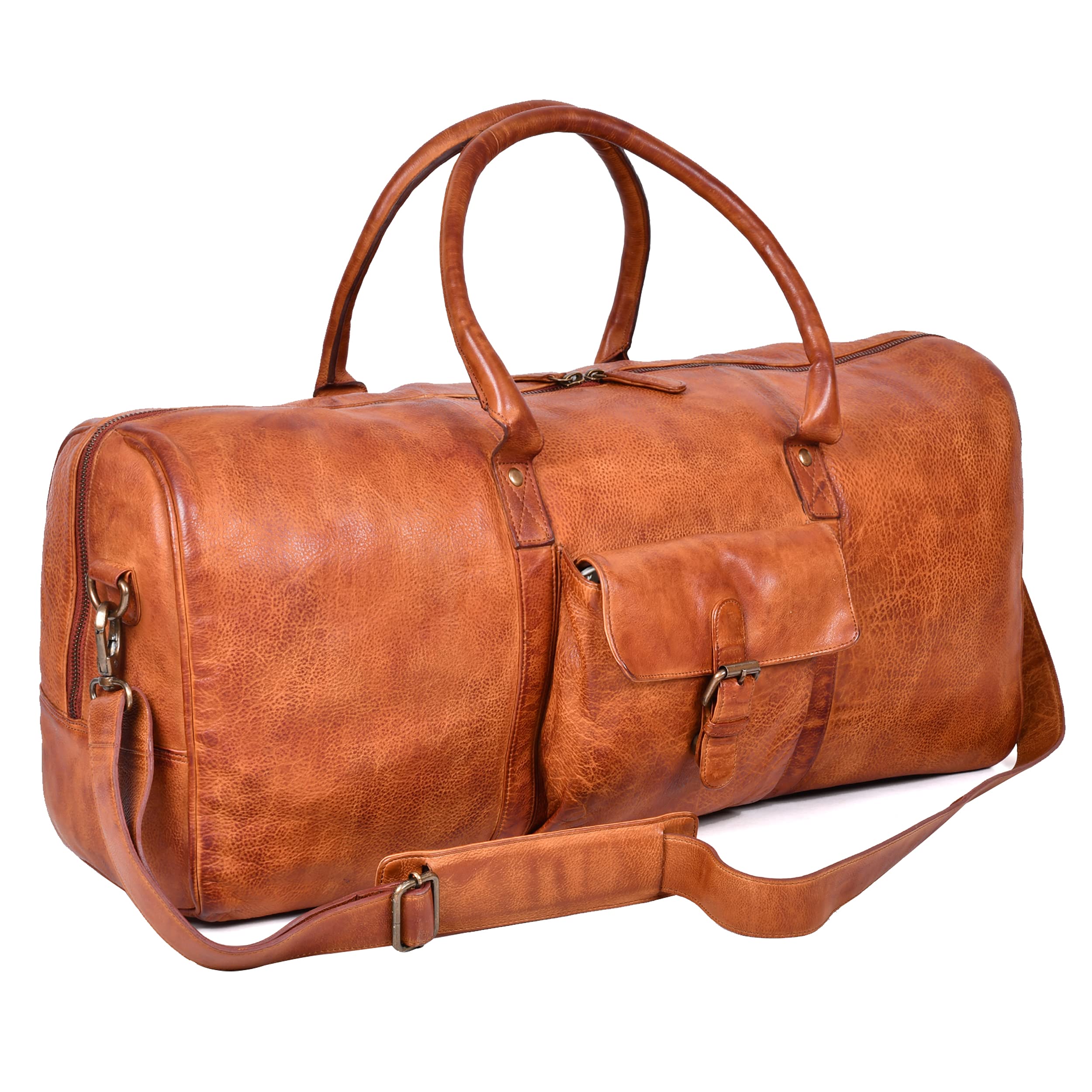 Genuine Leather Weekender Bag for Women & Men - Oversized Travel Duffel Carry On Overnight Bag - Perfect for Gym, Business Trips & Weekend Getaways (Tan Wash)