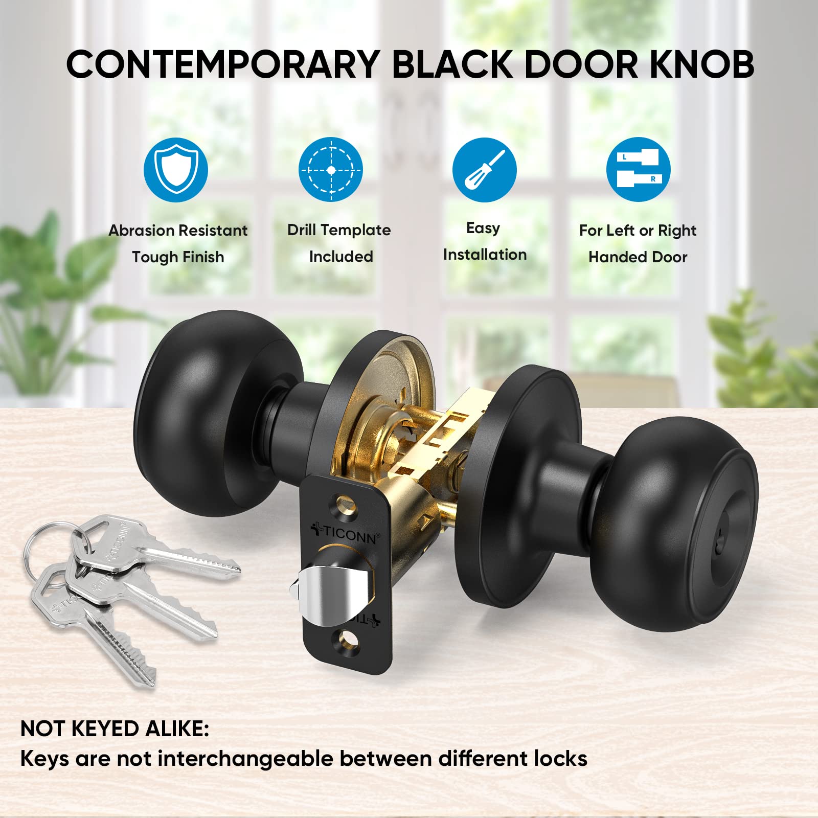 TICONN Round Door Knob with Deadbolt - Matte Black for Bedroom & Bathroom Doors