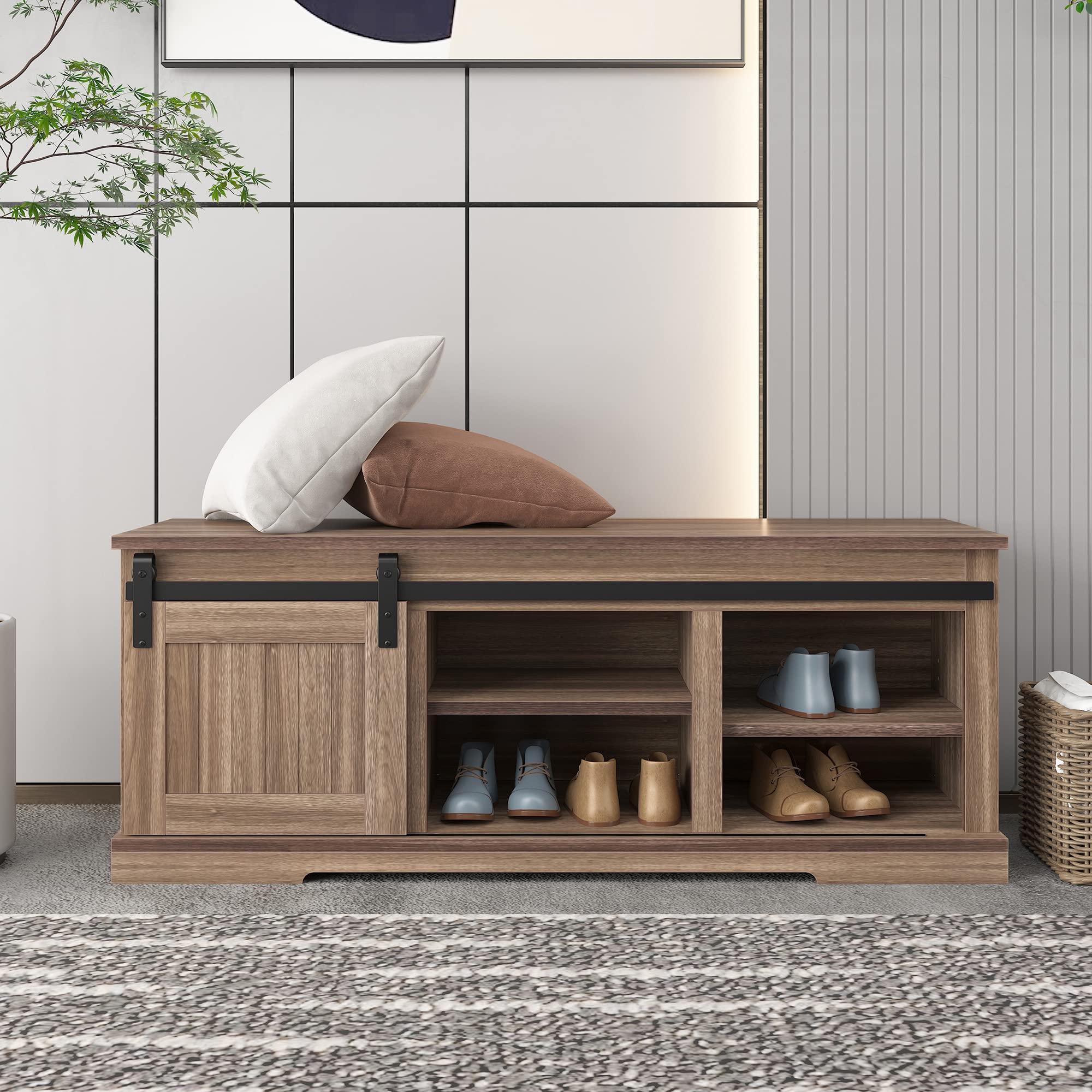 Antique Gray Storage Bench with Sliding Door & Adjustable Shelf - Entryway Organizer for Shoes, Coats & Home Decor | Perfect for Hallway, Mudroom & Living Room Storage Solutions