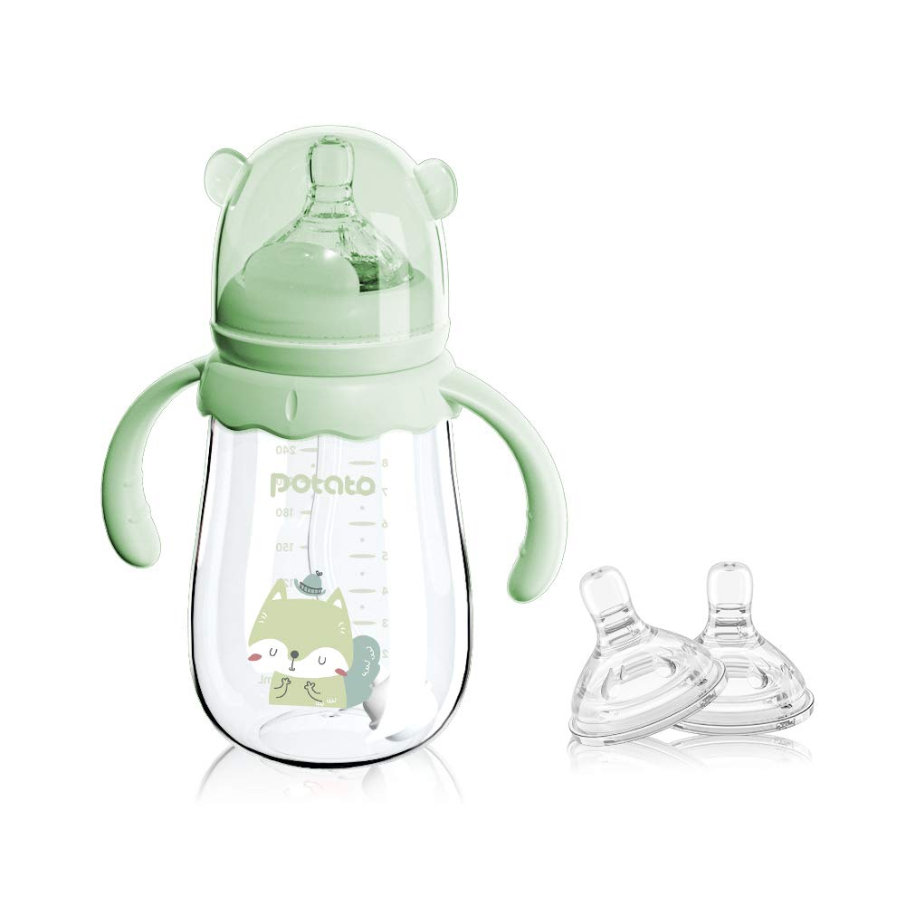 POTATO Glass Baby Bottles 8oz - Anti-Colic Fast Flow Nipple for Breastfeeding - BPA-Free Infant Feeding Bottle with 2 Replaceable Nipples - Perfect for Babies 6-12 Months (Green) - Ideal for Daycare, Travel & On-the-Go Feeding