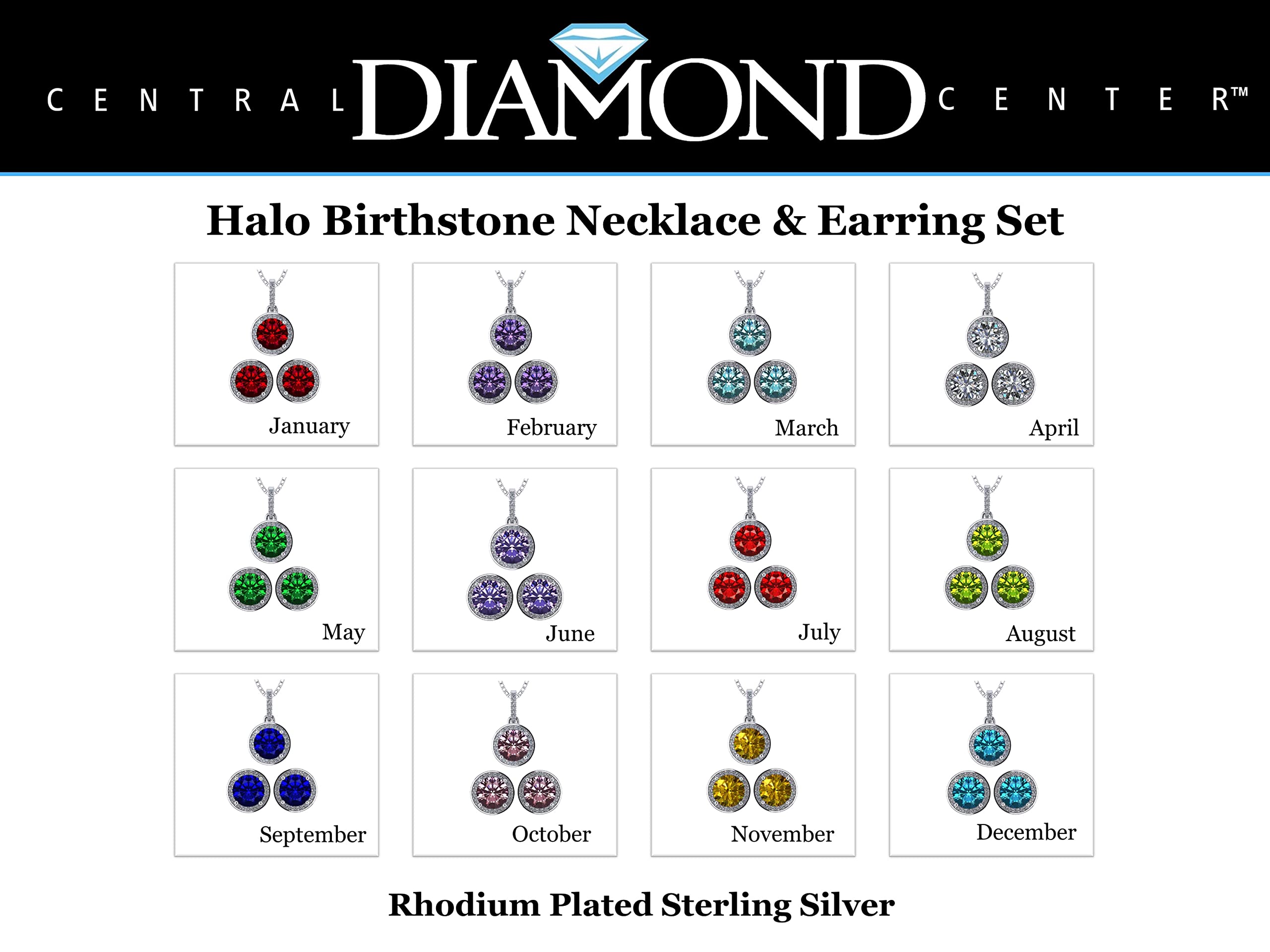 Central Diamond Round Halo Stud Earrings & Pendant Necklace Set with 6.5mm Simulated Birthstones in 925 Sterling Silver, Hypoallergenic Jewelry for Women - Perfect Gift for Birthday, Anniversary & Special Occasions