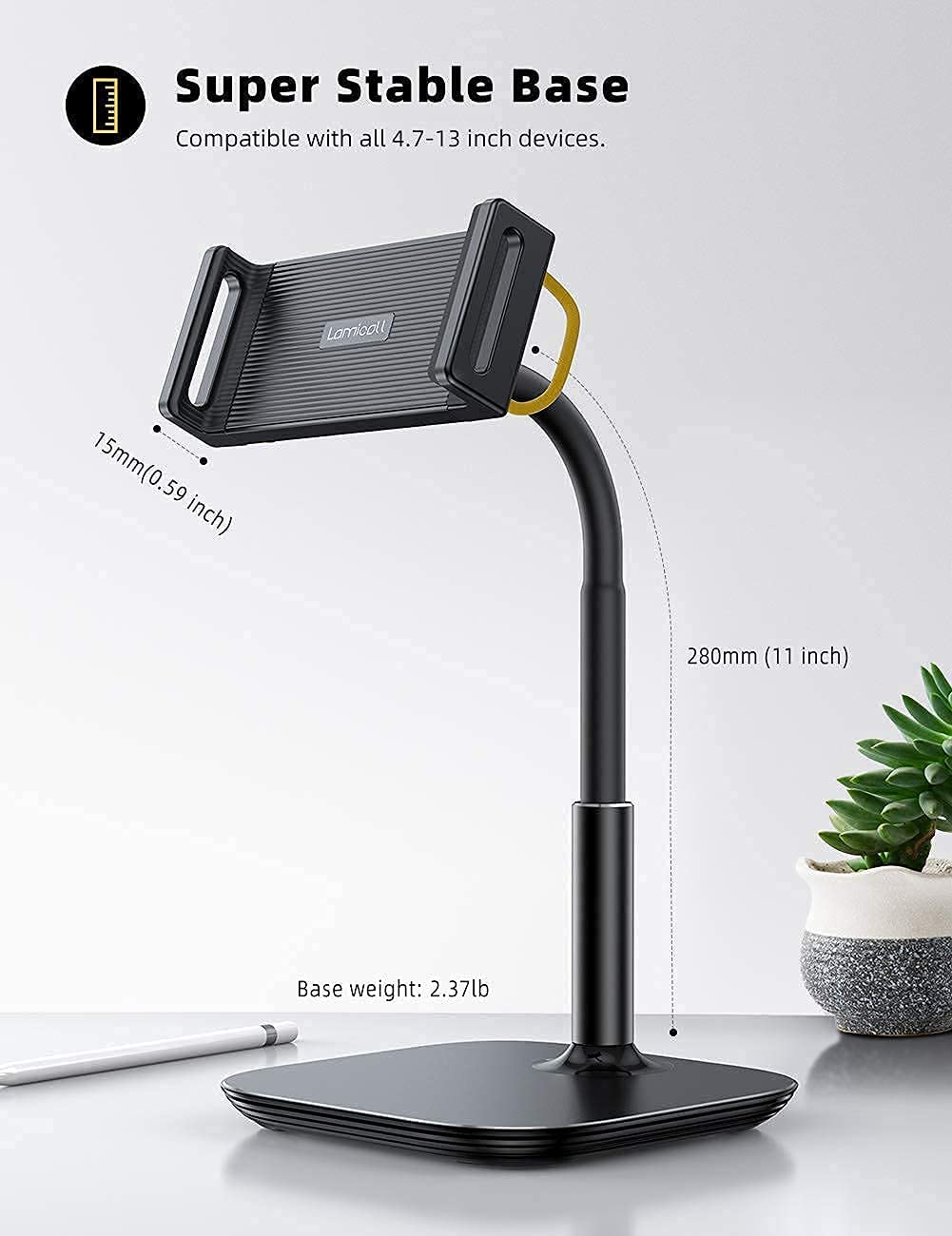 Lamicall Adjustable Tablet Stand for Desk and Floor - Black | Multi-Angle Viewing for Work, Study, and Entertainment