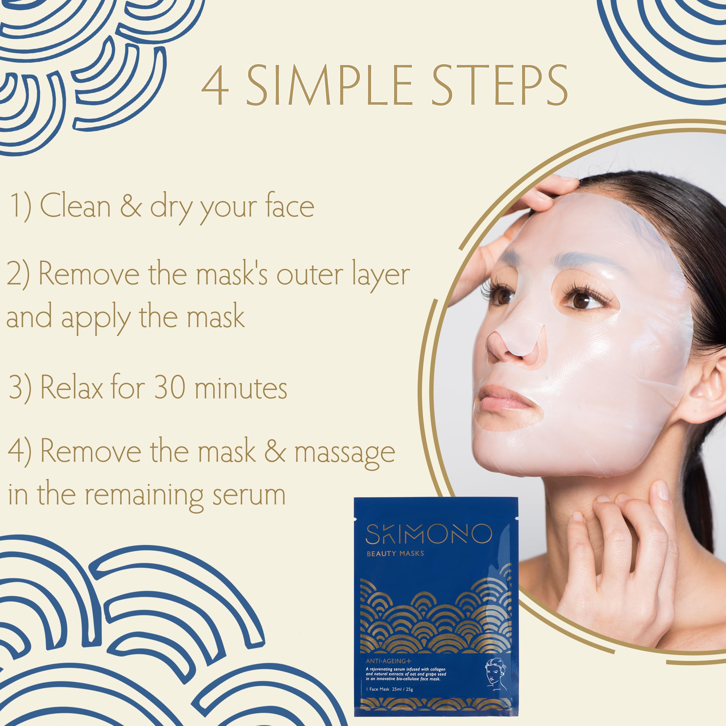 SKIMONO Anti-Aging Bio-Cellulose Face Mask with Collagen, Oat & Grapeseed Extract - Hydrating Moisturizer for Wrinkle Reduction, Vegan & Cruelty-Free Sheet Mask (1 Pack) - Perfect for Spa Night, Self-Care Routine & Glowing Skin