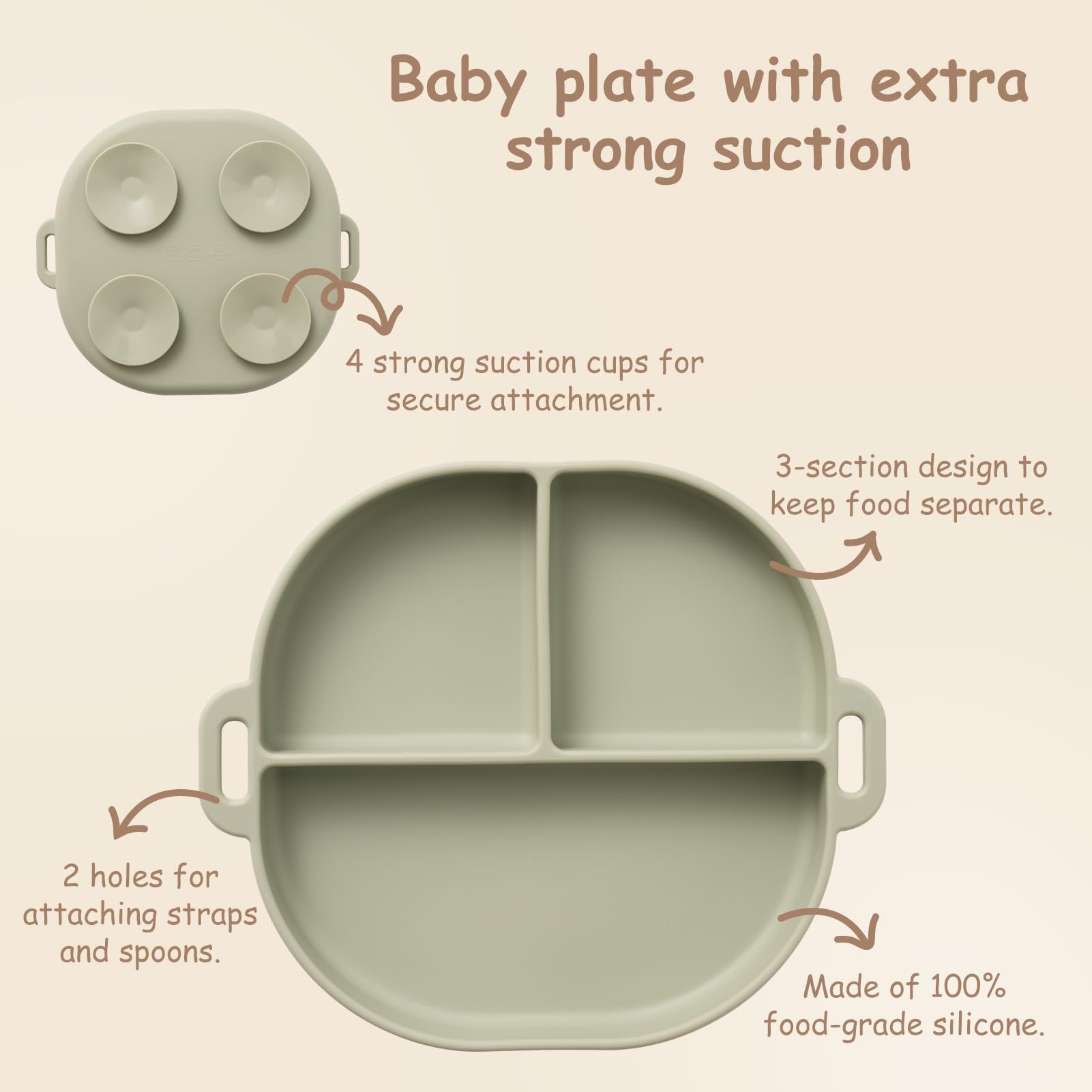 Non-Toxic Silicone Divided Baby Plates with Suction Base & Safety Spoons - BPA-Free Infant Feeding Set with Toy Straps & Bottle Bungees - Perfect for Toddler Mealtime, High Chair Use, and On-the-Go Feeding - Sage Green