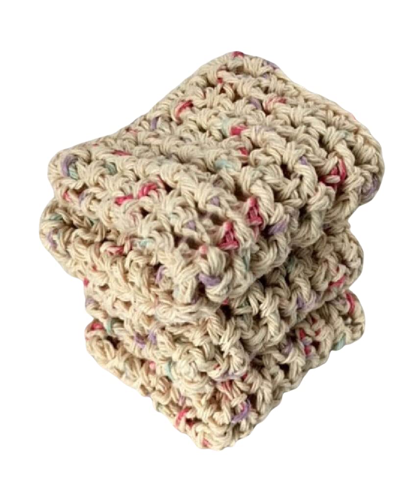 Premium Handmade Crochet Cotton Dish Cloths Set of 3 - Soft & Absorbent Beige Kitchen Towels for Washing Dishes, Cleaning Countertops & Gentle Face Cleansing