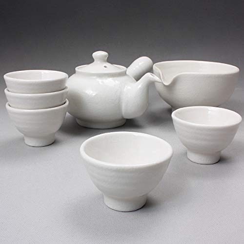Korean Style Pure White Porcelain Tea Ceremony Set - 11.8oz (350ml) Side Handle Teapot with 5 Cups & Cooling Pitcher - Traditional Ceramic Tea Gift Set for Home, Office & Zen Meditation