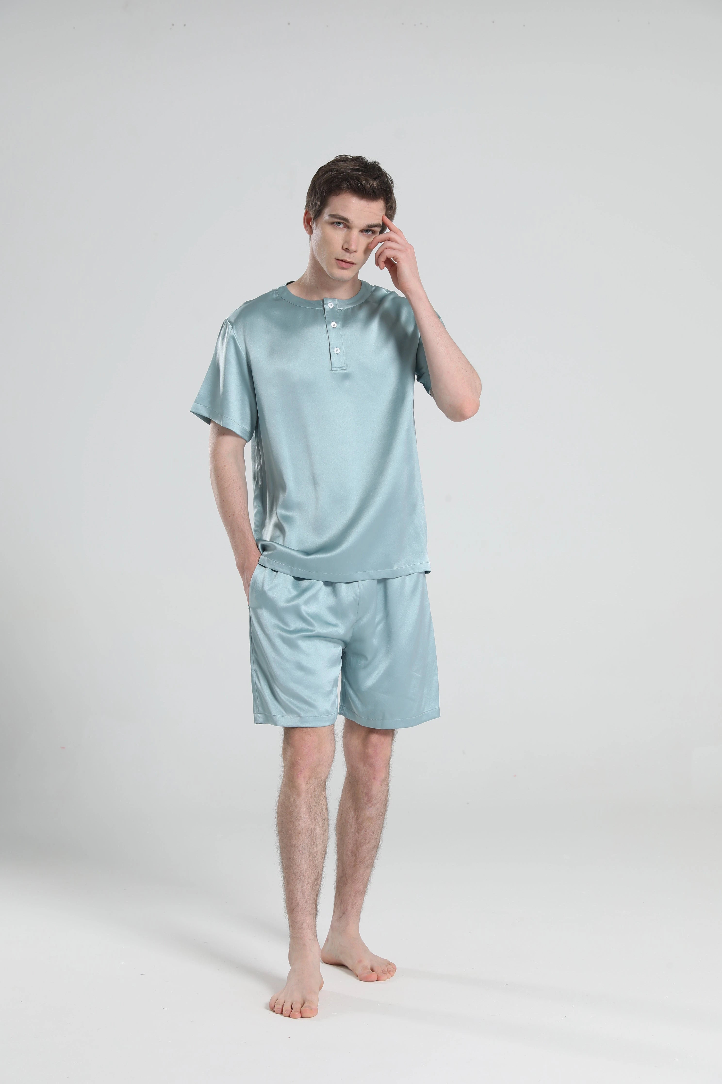 Men's Comfortable Crew Neck Short Sleeve Pajama Set - Soft Cotton Sleepwear for Lounge & Nighttime Relaxation at Home