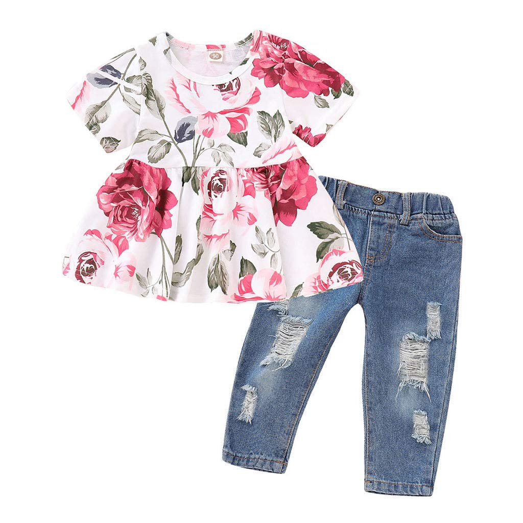 Baby Girls Denim Outfit Set - Floral Print Jean Top & Distressed Denim Pants Toddler Clothes | Cute Casual Playdate & Photoshoot Outfits for 1-3 Years Old Girls